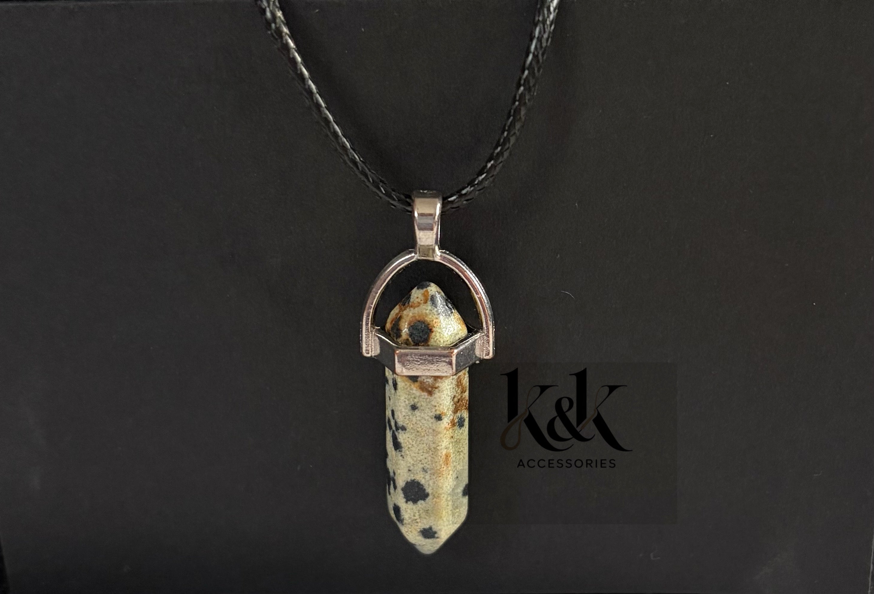 Dalmatian Jasper Crystal Pendant Necklace on Black Cord