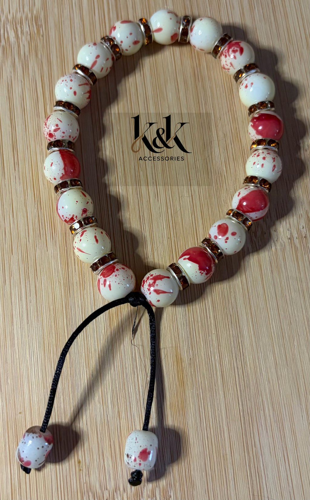 Red & White Splatter Paint Bracelet with Gold Spacers