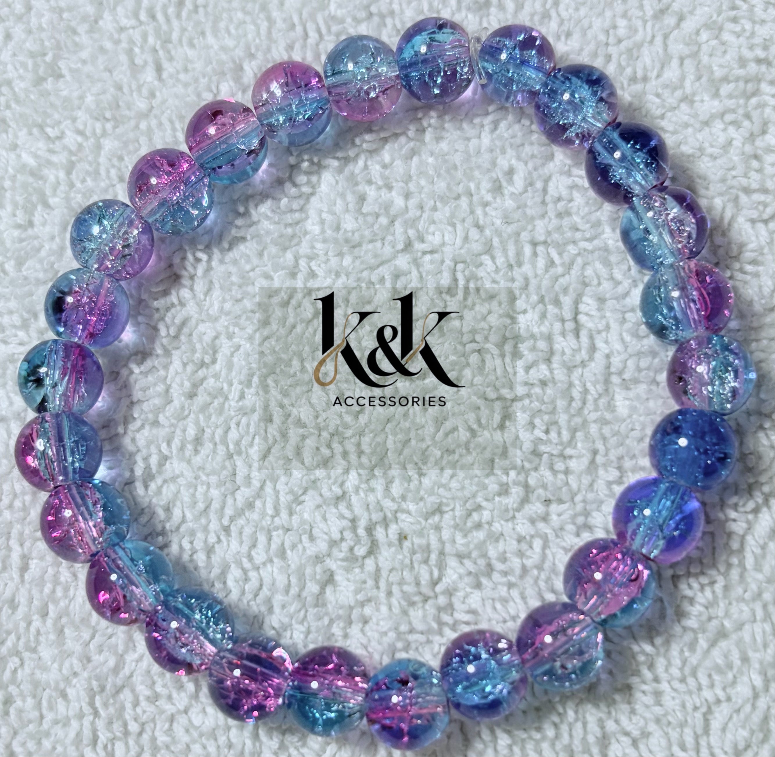 Blue & Purple Crackle Glass Bracelet - Elastic Beaded Jewellery