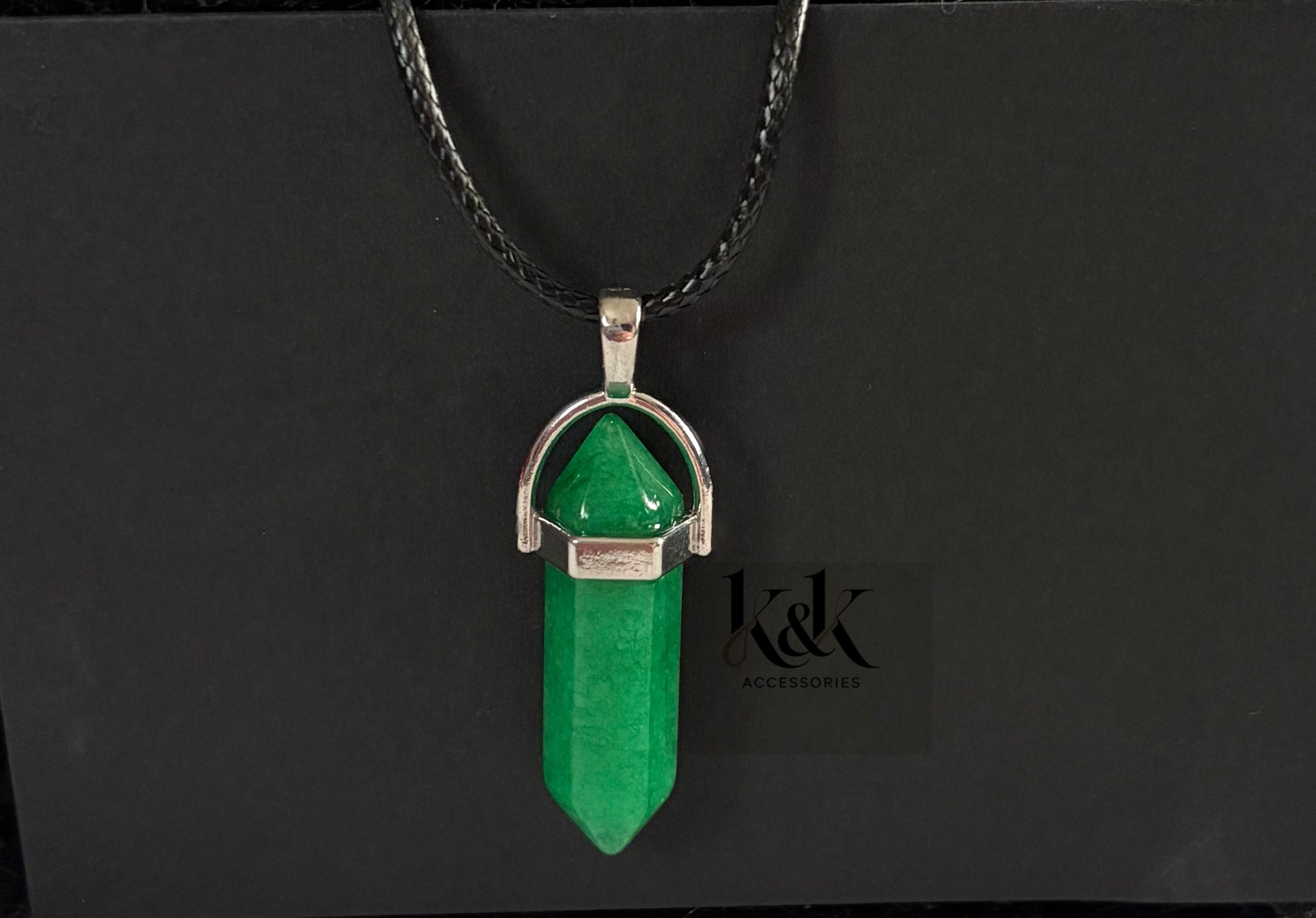 Green Aventurine Crystal Pendant Necklace on Black Cord