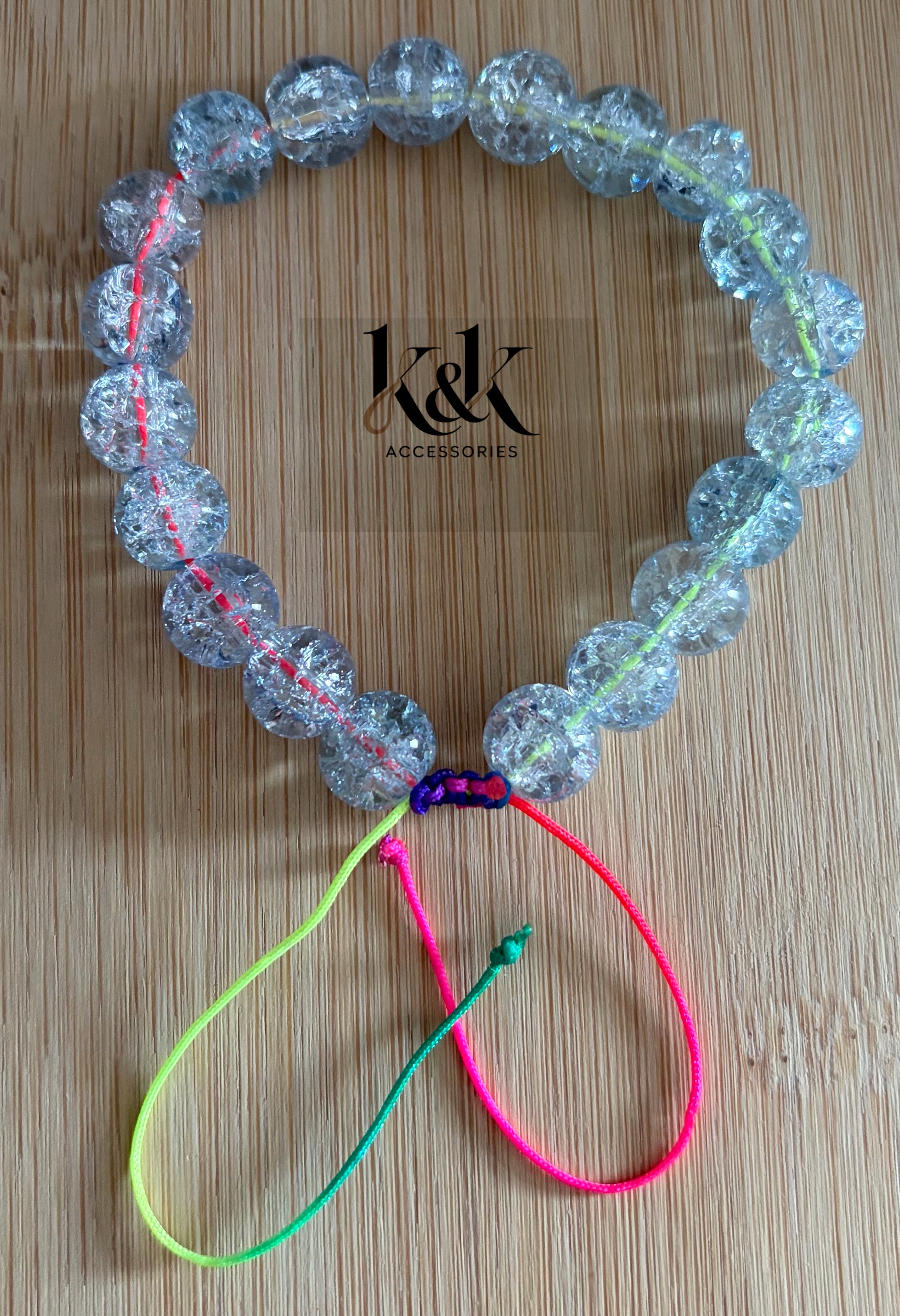 Clear Crackle Glass Bracelet with Neon Cord