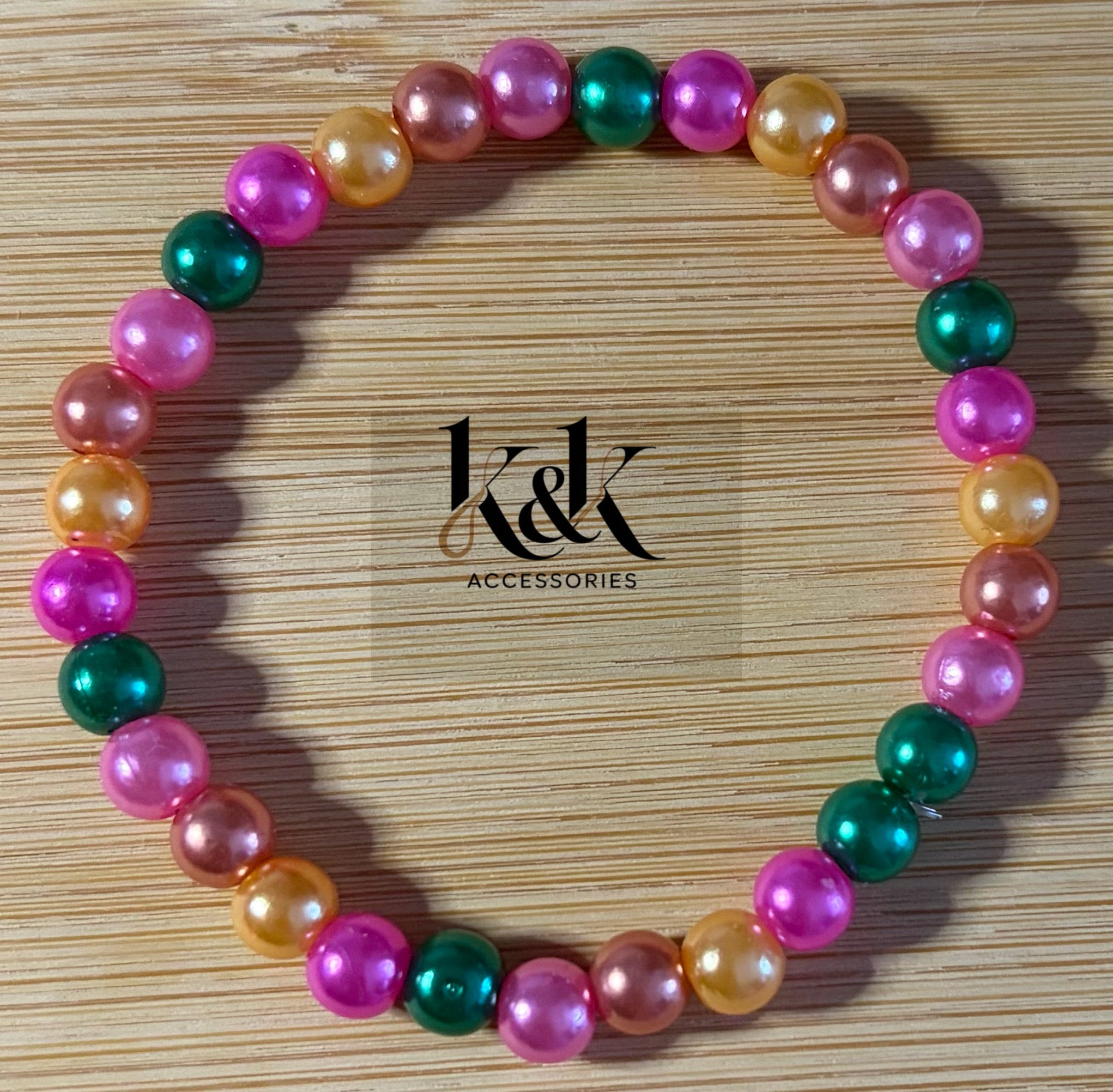 Pink, Green, Rose Gold & Yellow Beaded Bracelet