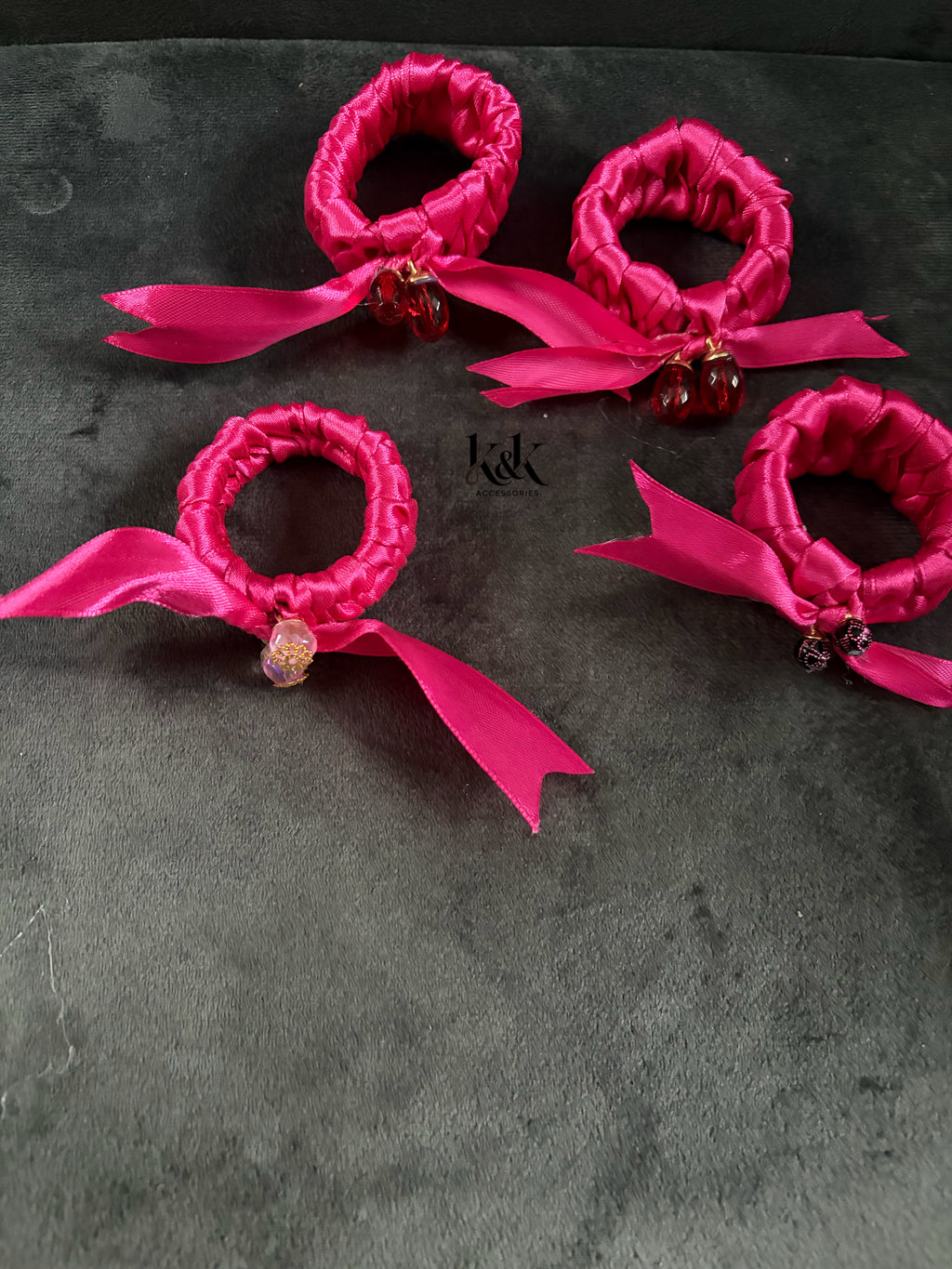 Handmade satin ribbon hairband with beaded detail - Hot Pink