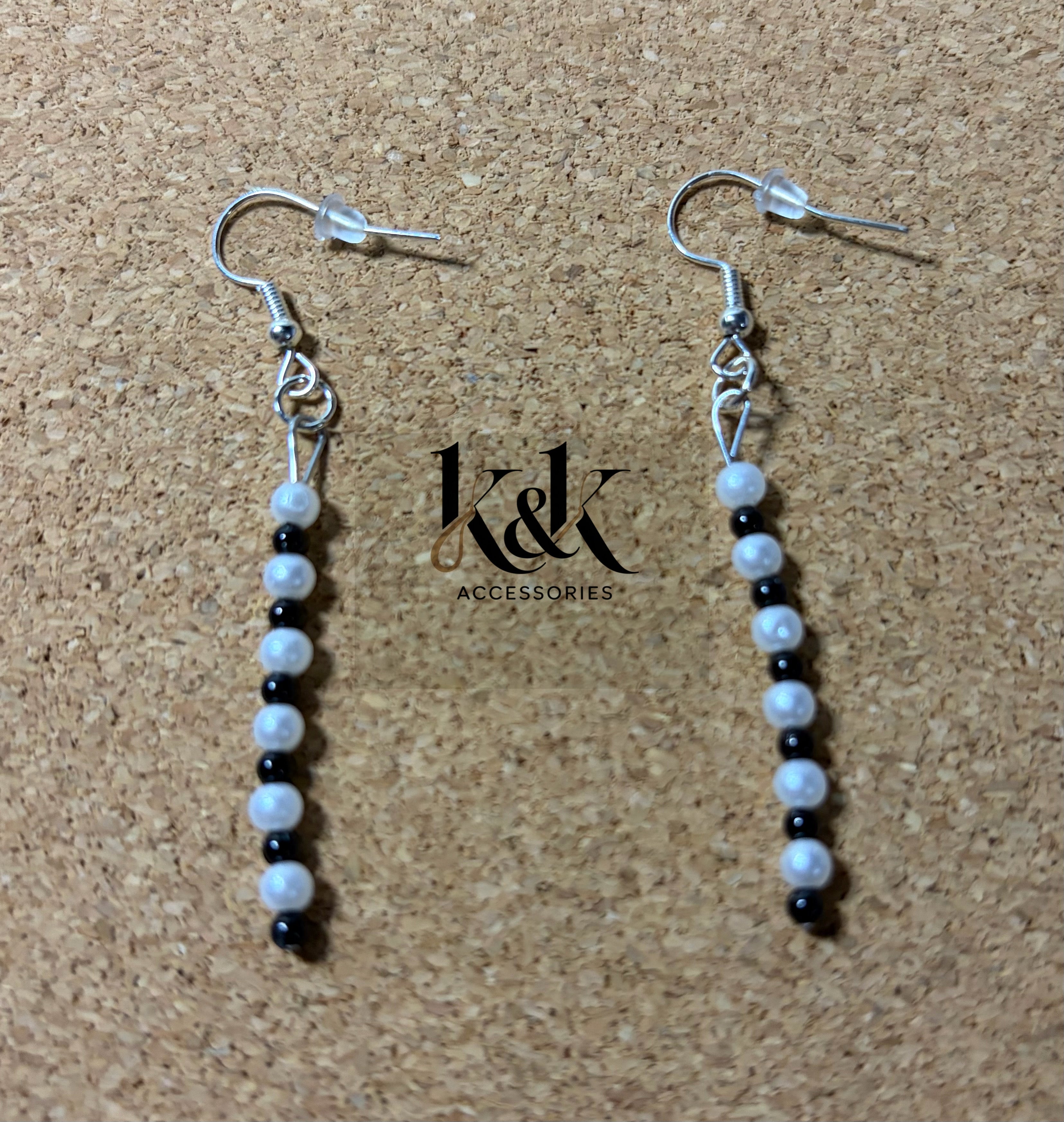 White and Black Beaded Drop Earrings