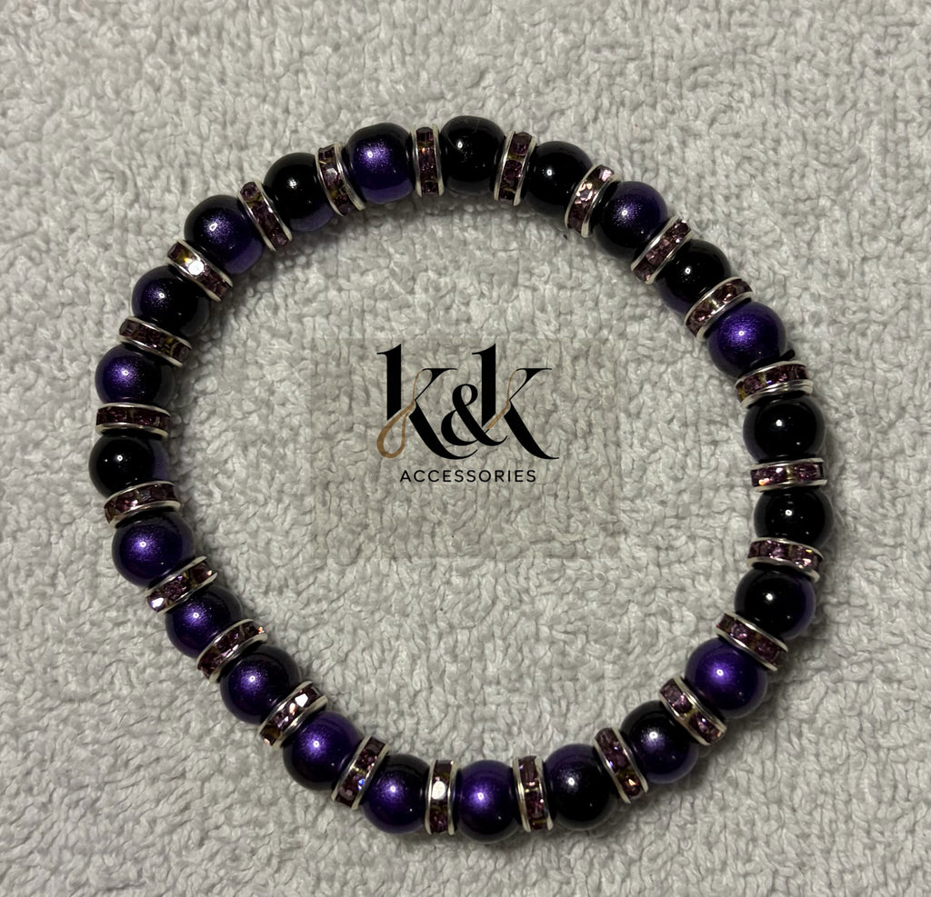 Purple & Black Bracelet with Rhinestone Spacers - Elastic Beaded Jewellery