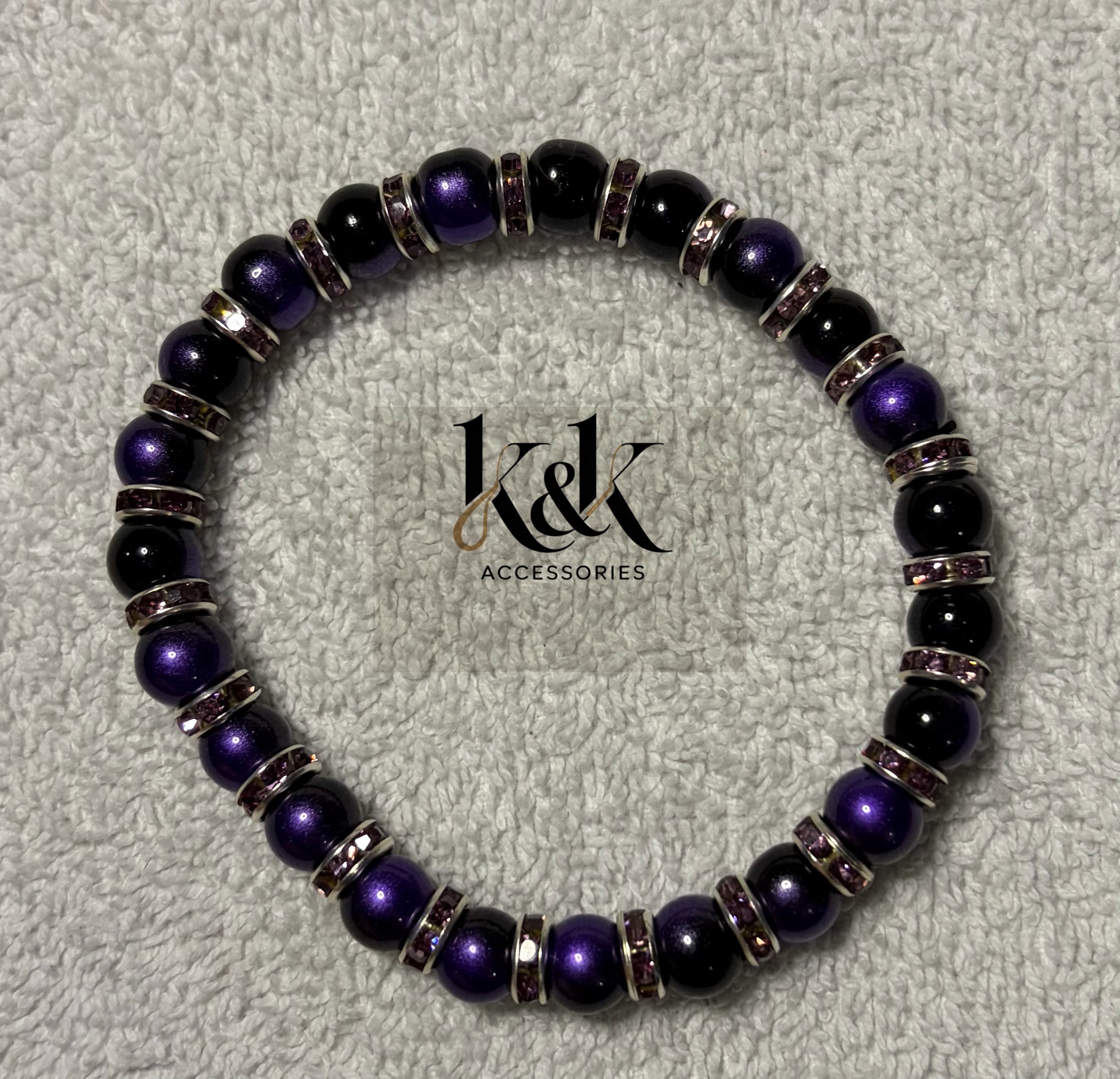 Purple & Black Bracelet with Rhinestone Spacers - Elastic Beaded Jewellery