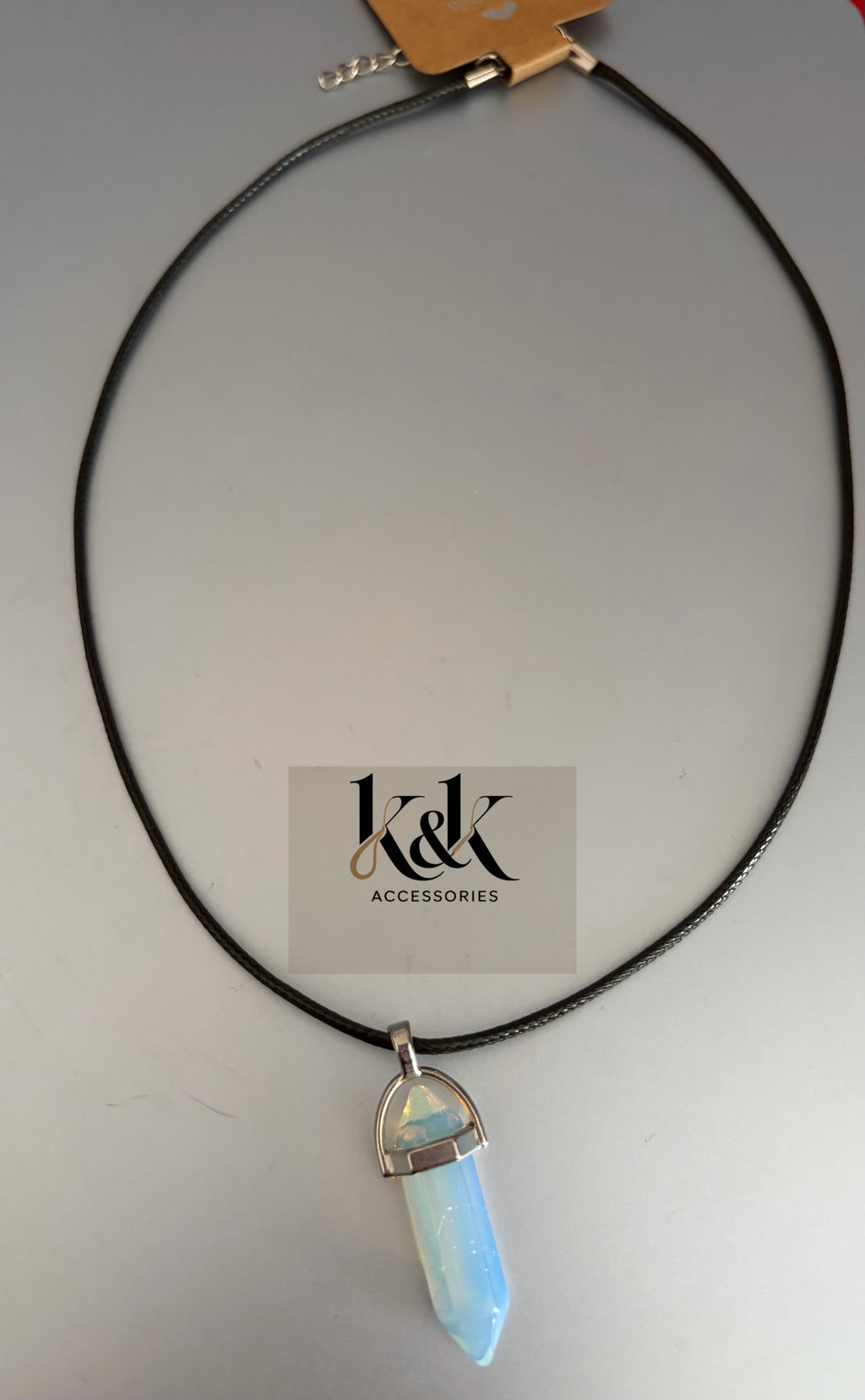 Opalite crystal point pendant necklace on black cord