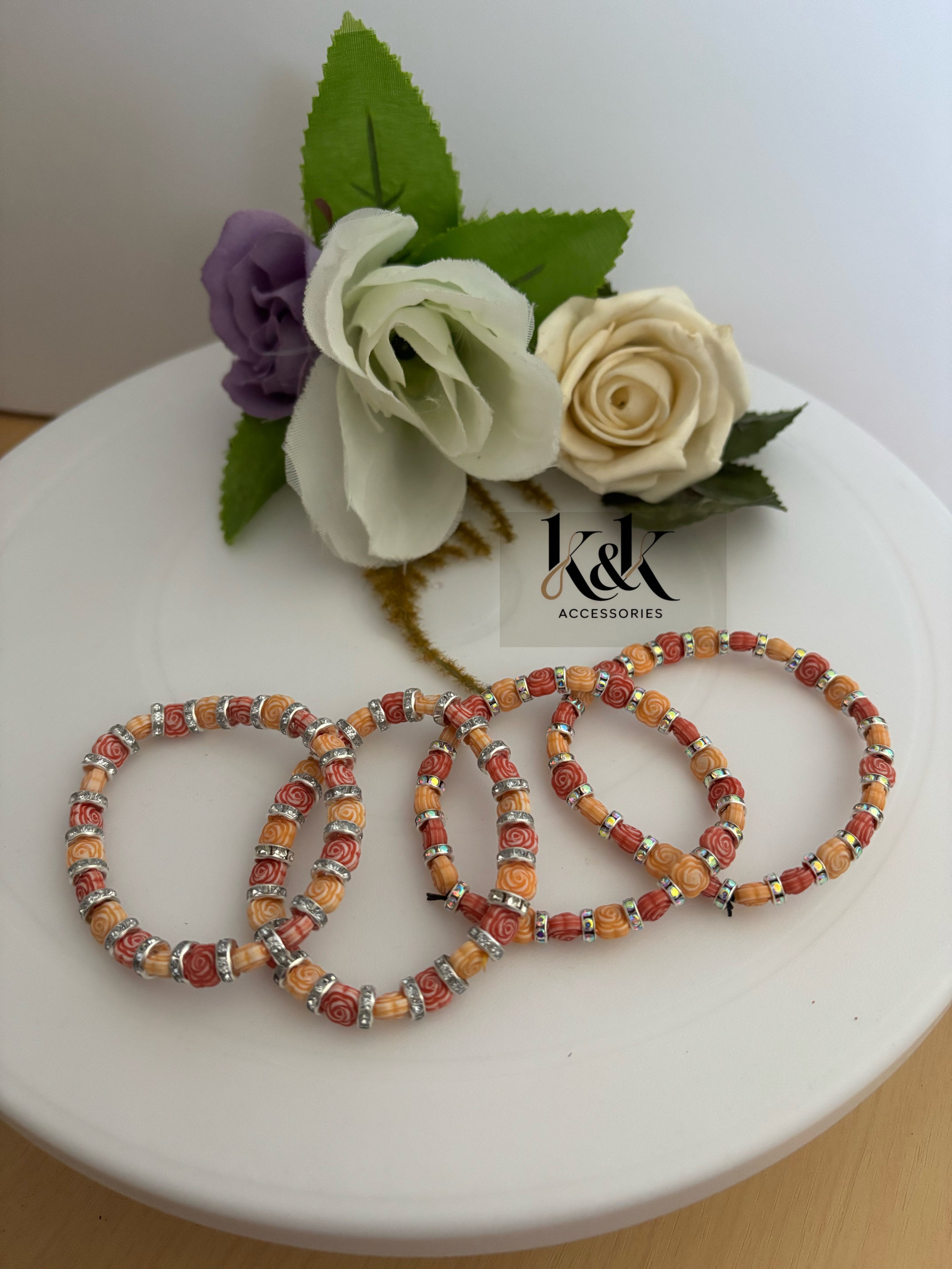 Rose Bead & Silver Rhinestone Bracelet