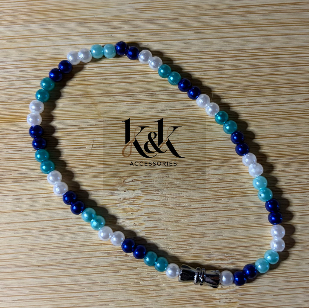 Navy Blue, Turquoise & White Beaded Bracelet - Adjustable