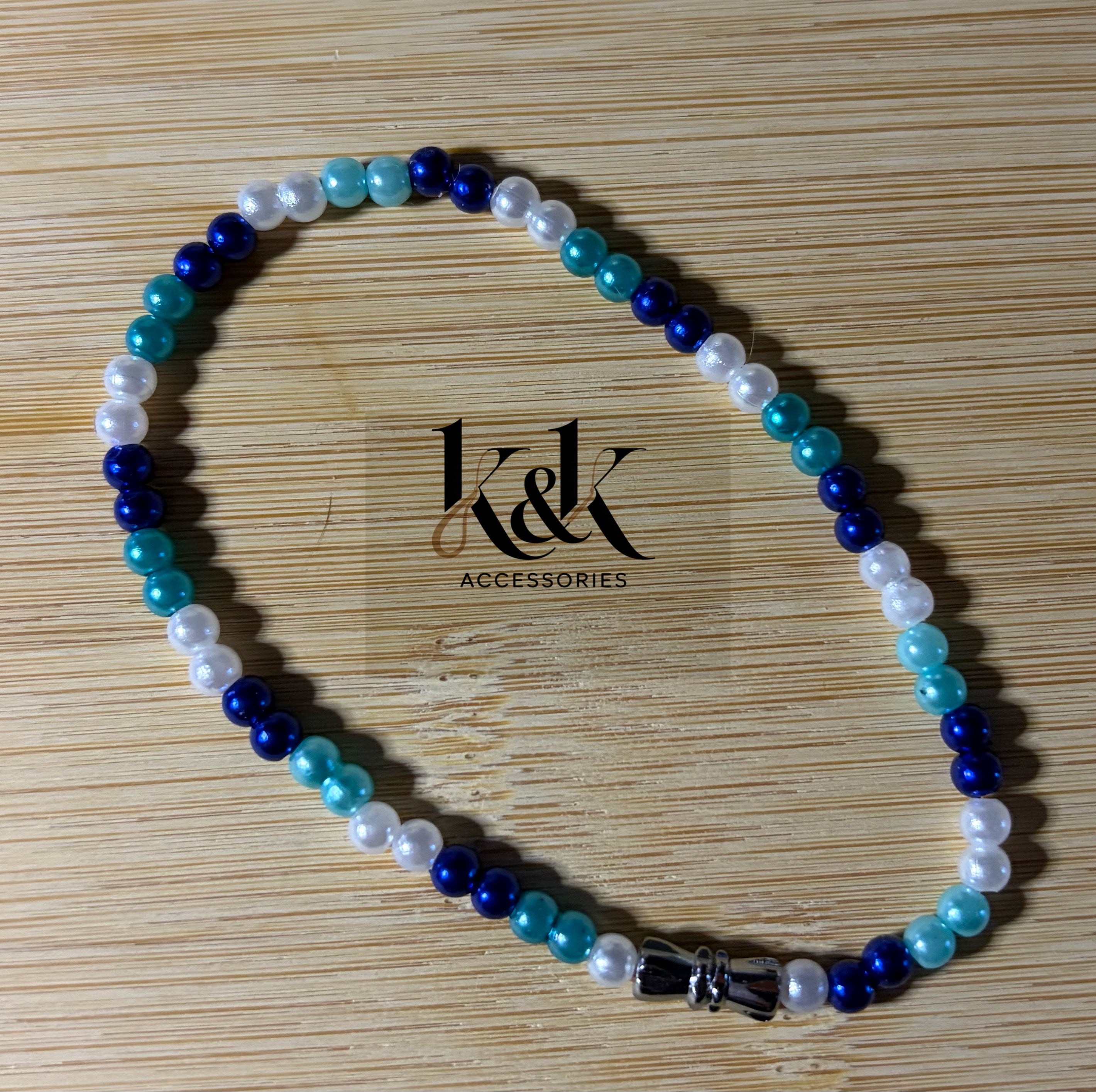 Navy Blue, Turquoise & White Beaded Bracelet - Adjustable