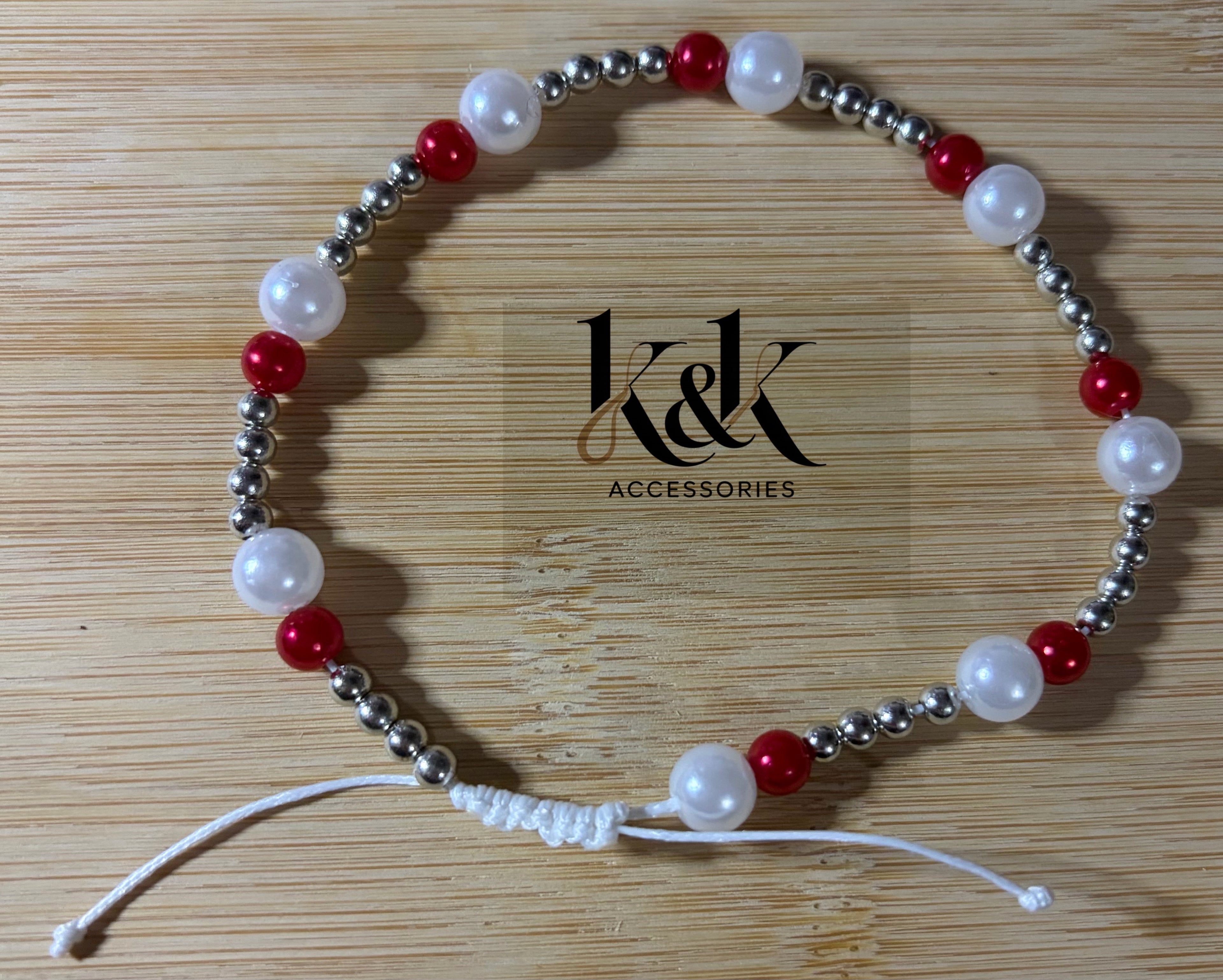 Red, White & Silver Beaded Bracelet - Adjustable