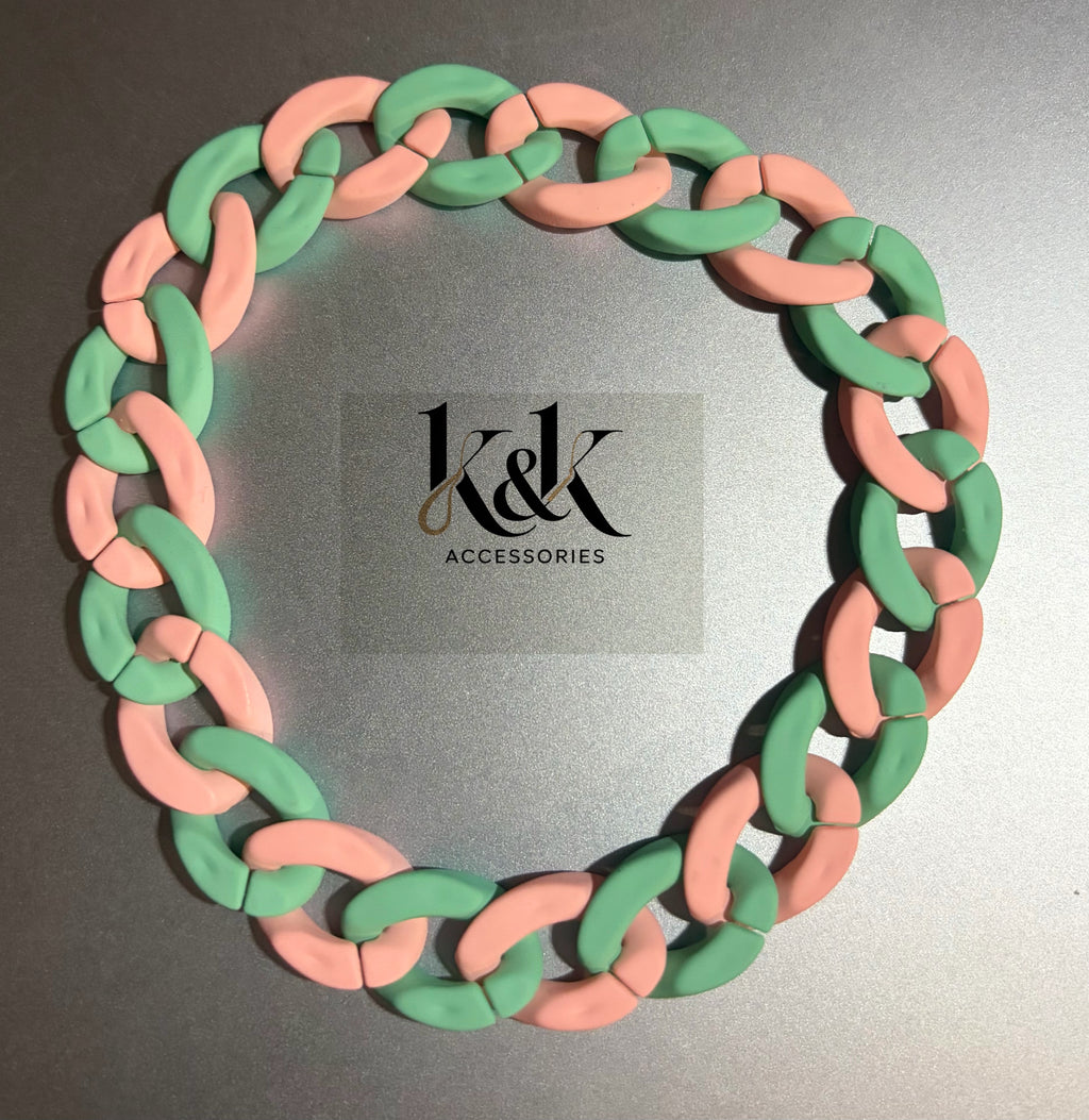 Mint Green & Peach Rhinestone Chain Link Bracelet - Adjustable Pastel Jewellery