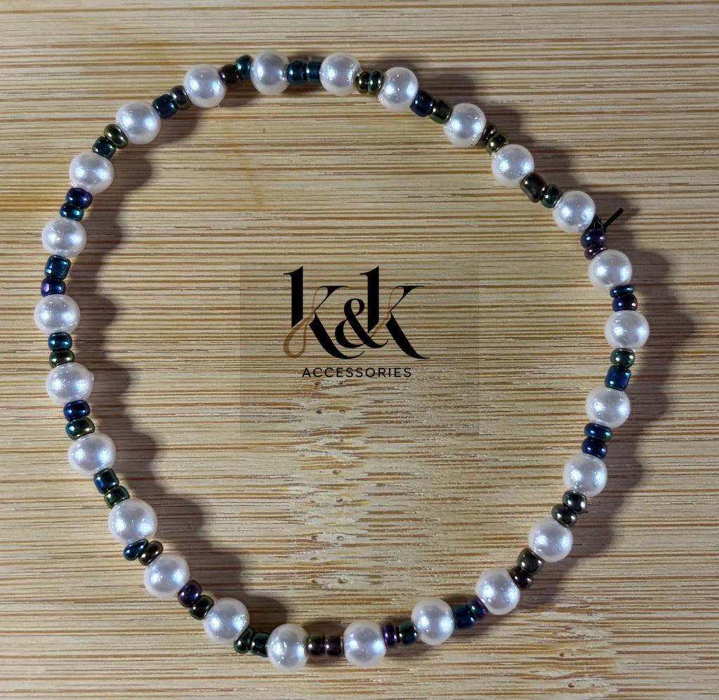White Pearl & Navy Blue Spacer Bracelet
