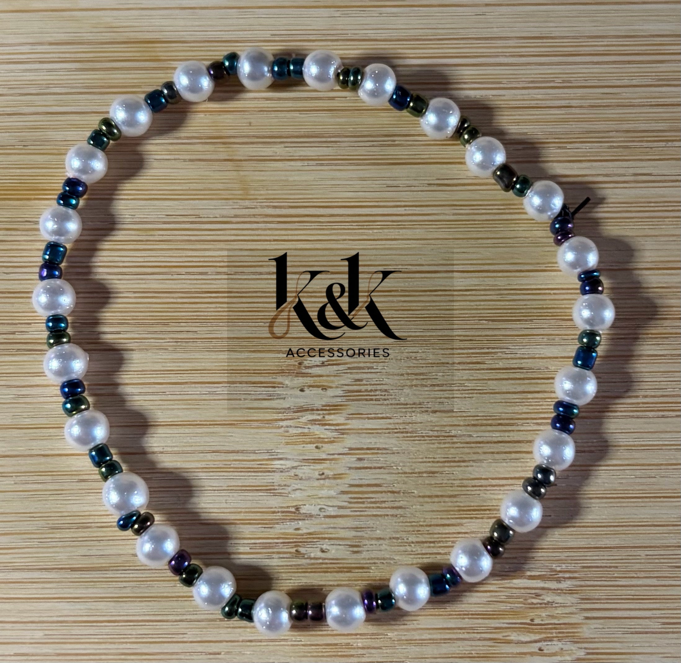 White Pearl & Navy Blue Spacer Bracelet
