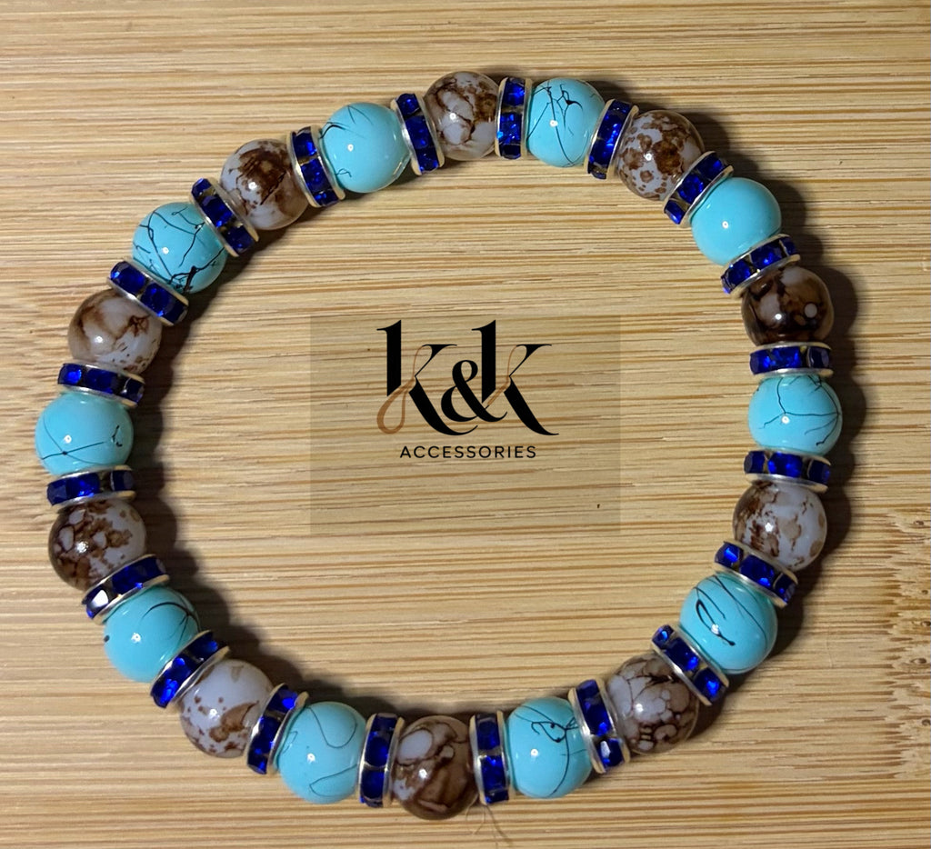 Turquoise & Brown Marbled Bracelet with Blue Rhinestone Spacers
