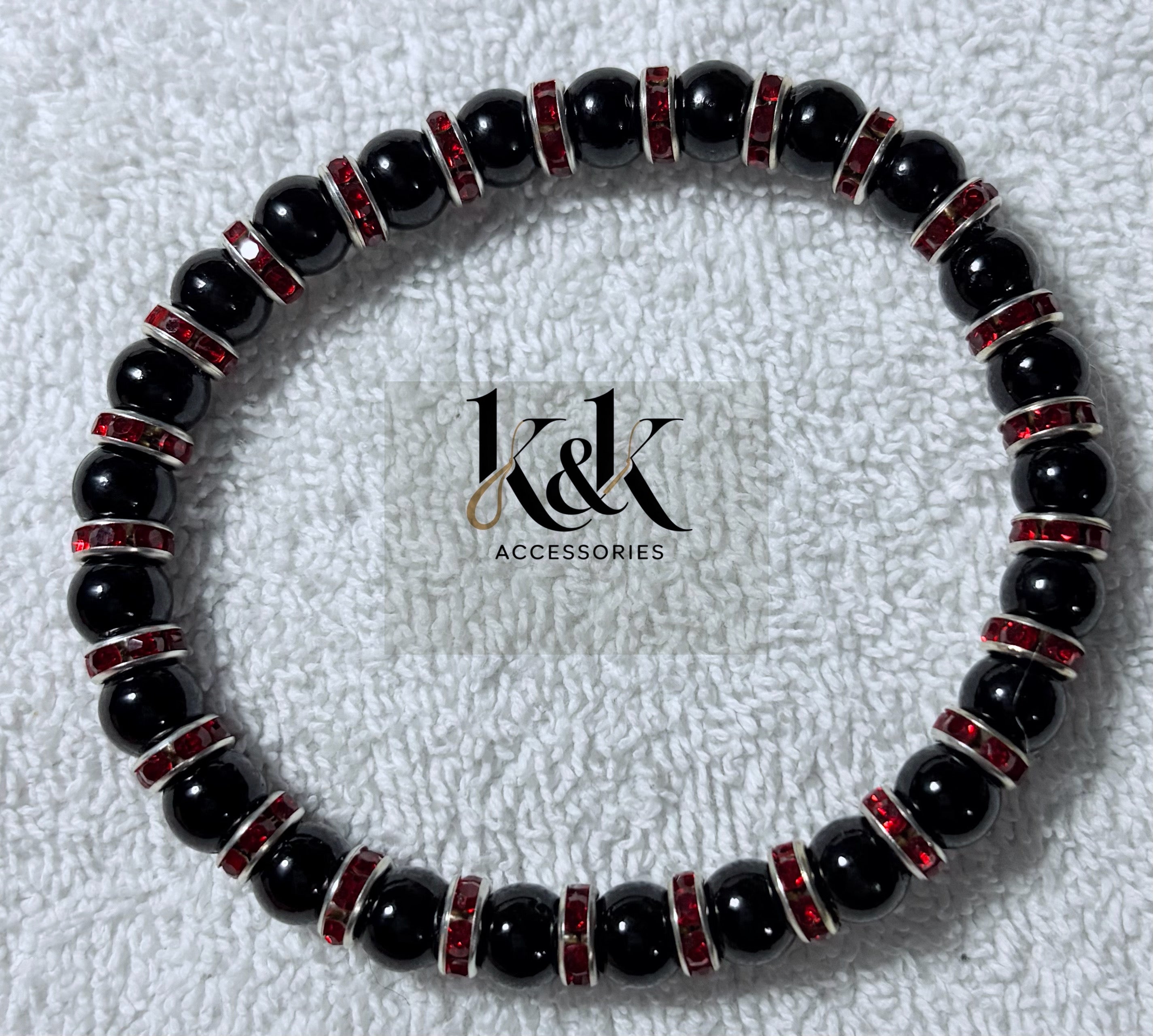Black Bead Bracelet with Rhinestone Spacers - Elastic Beaded Jewellery