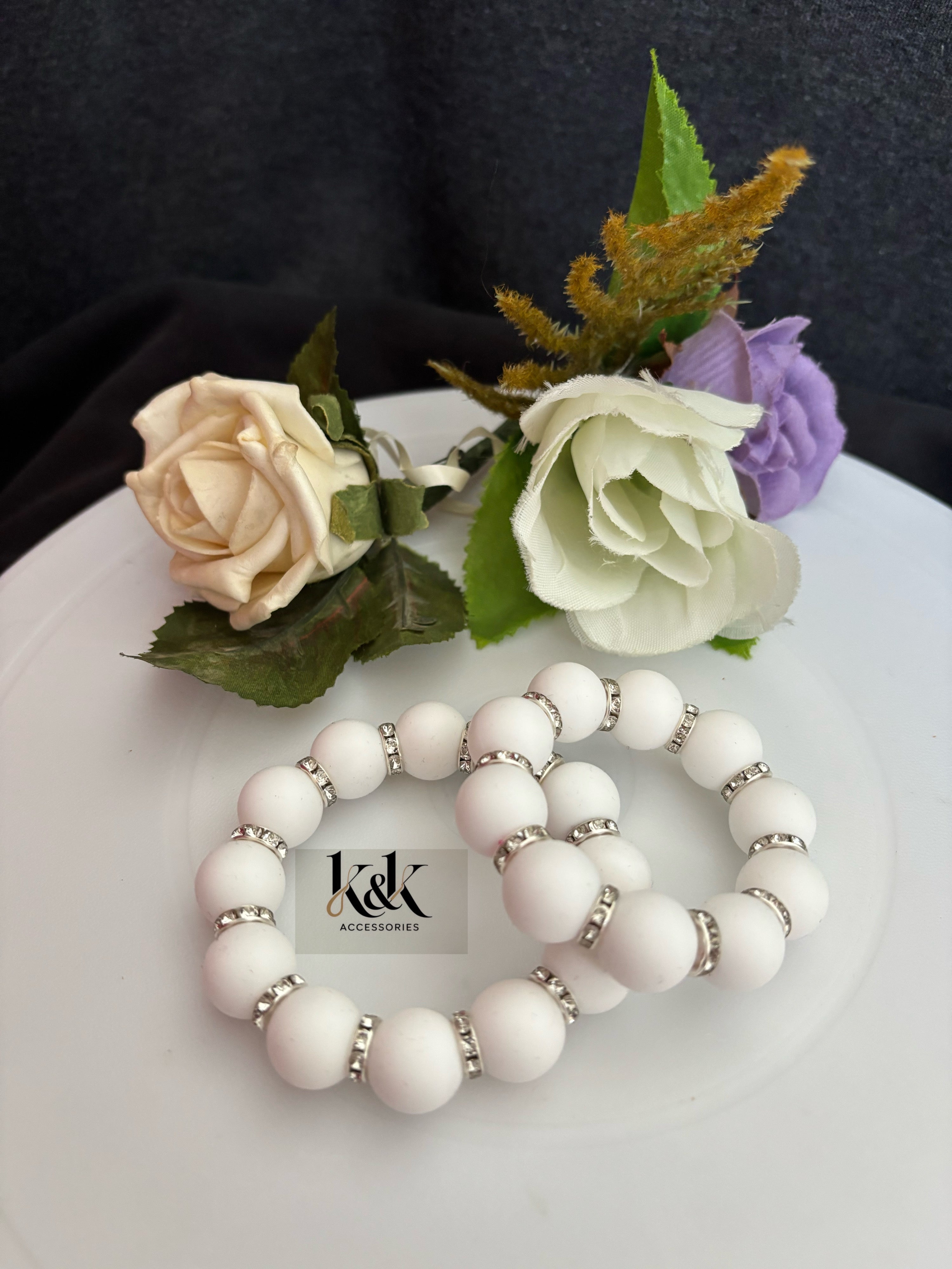White & Grey Matte Bead Bracelet with Rhinestone Spacers