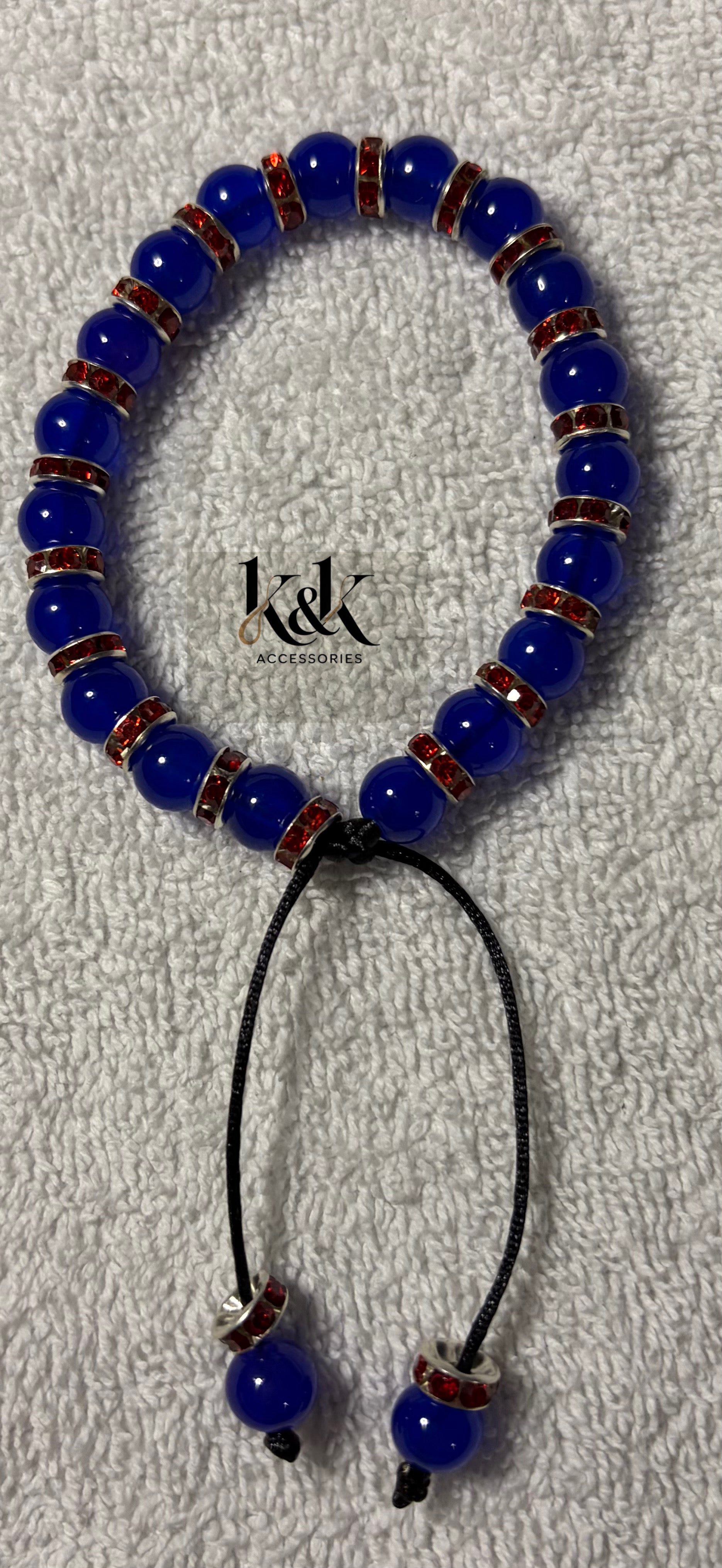 Royal Blue Adjustable Bracelet with Red Rhinestone Spacers - Handmade Beaded Jewellery