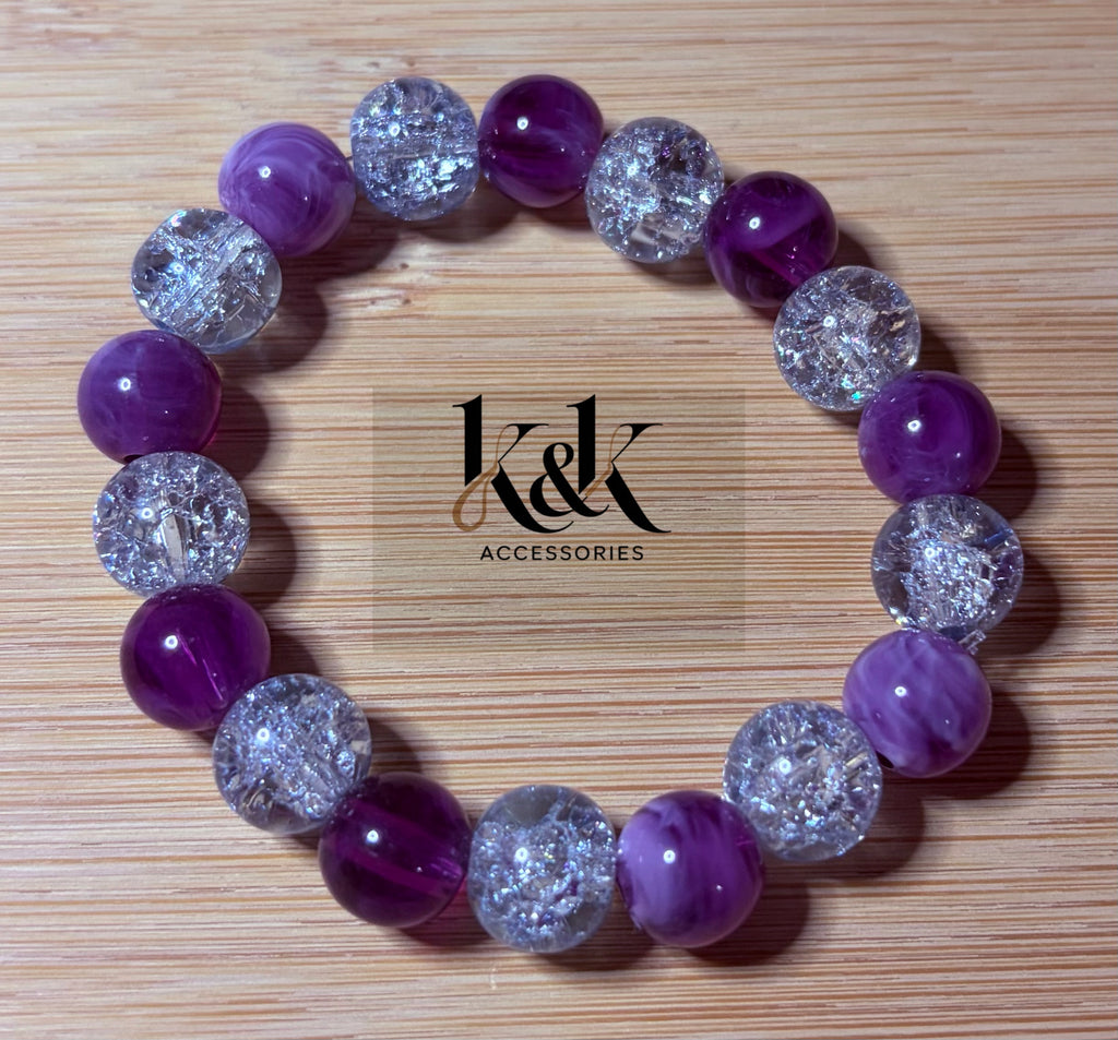 Purple Agate & Clear Crackle Crystal Alternating Bracelet