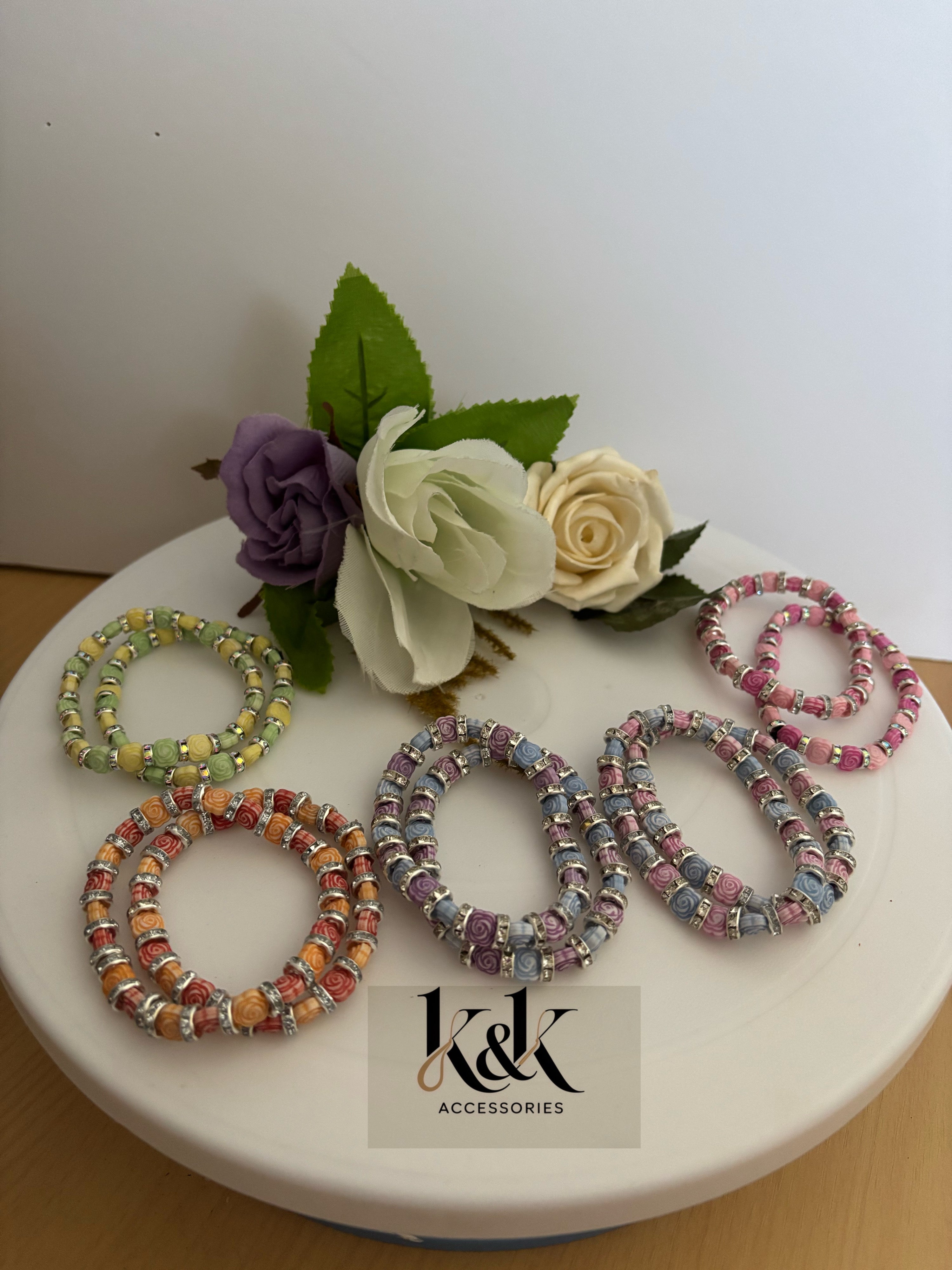 Rose Bead & Silver Rhinestone Bracelet