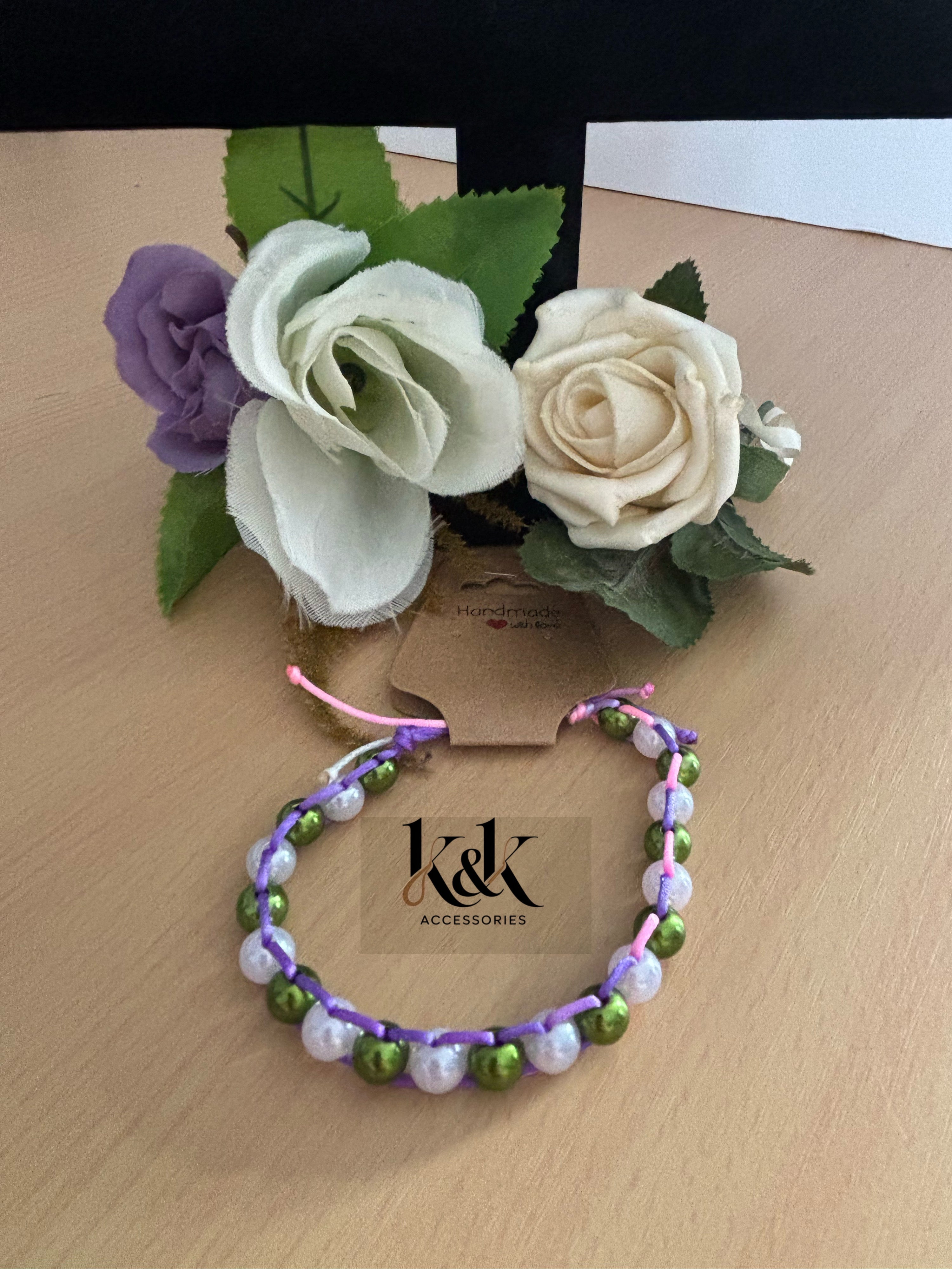 Green & White Pearl Beaded Bracelet – Lilac Cord