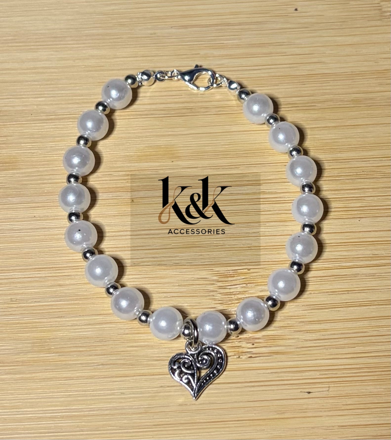 White Pearl Bracelet with Silver Heart Charm