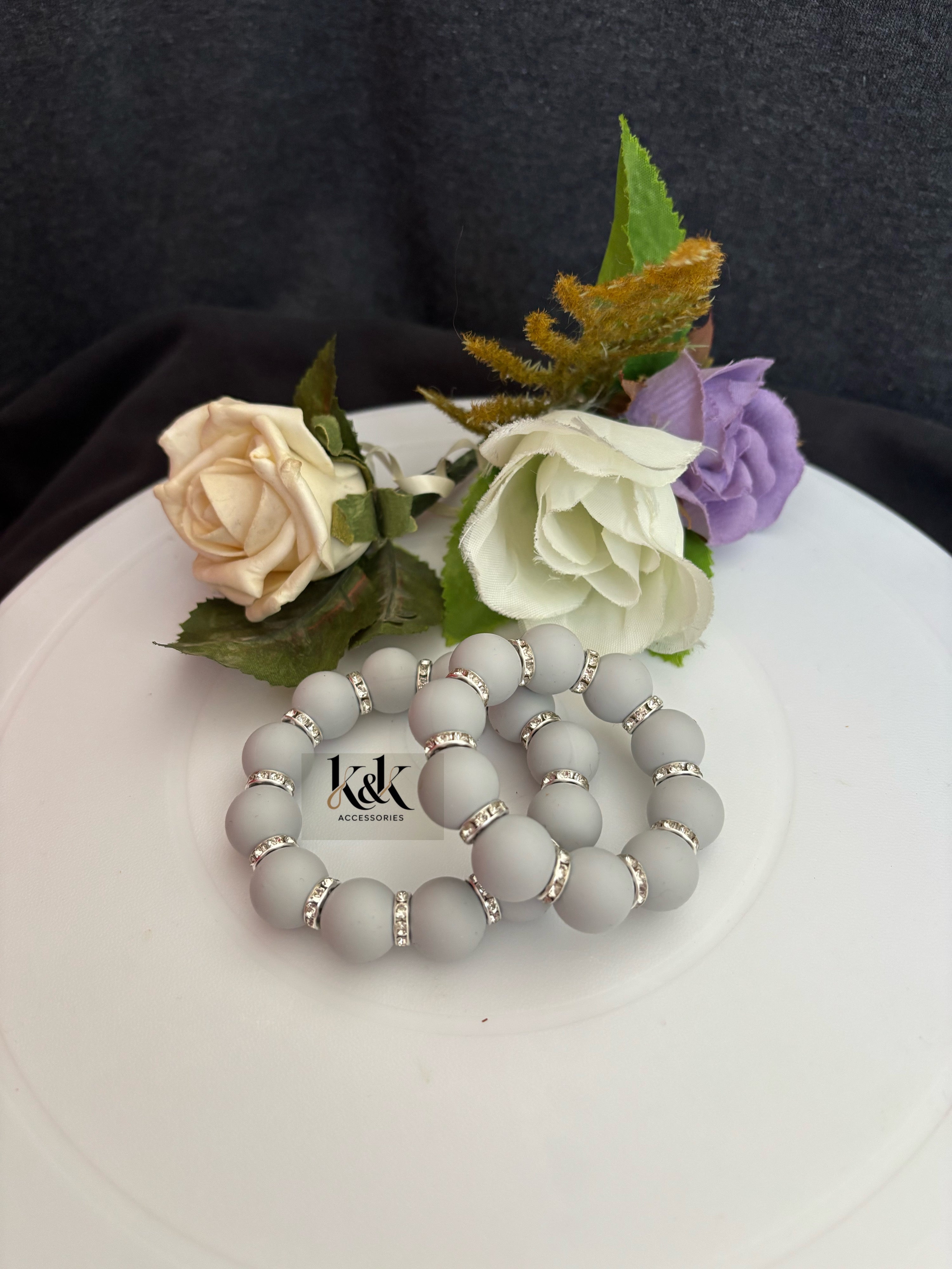 White & Grey Matte Bead Bracelet with Rhinestone Spacers