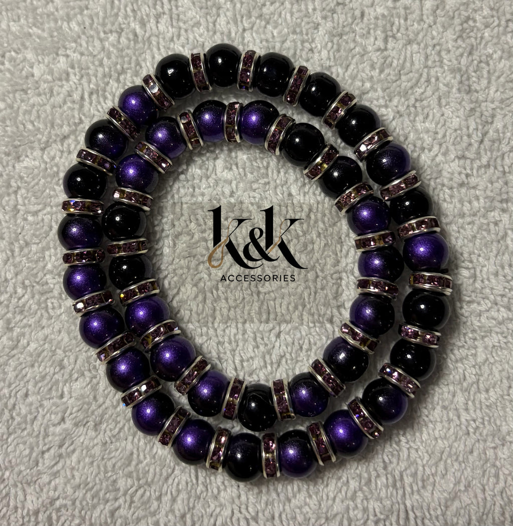 Purple & Black Bracelet with Rhinestone Spacers - Elastic Beaded Jewellery