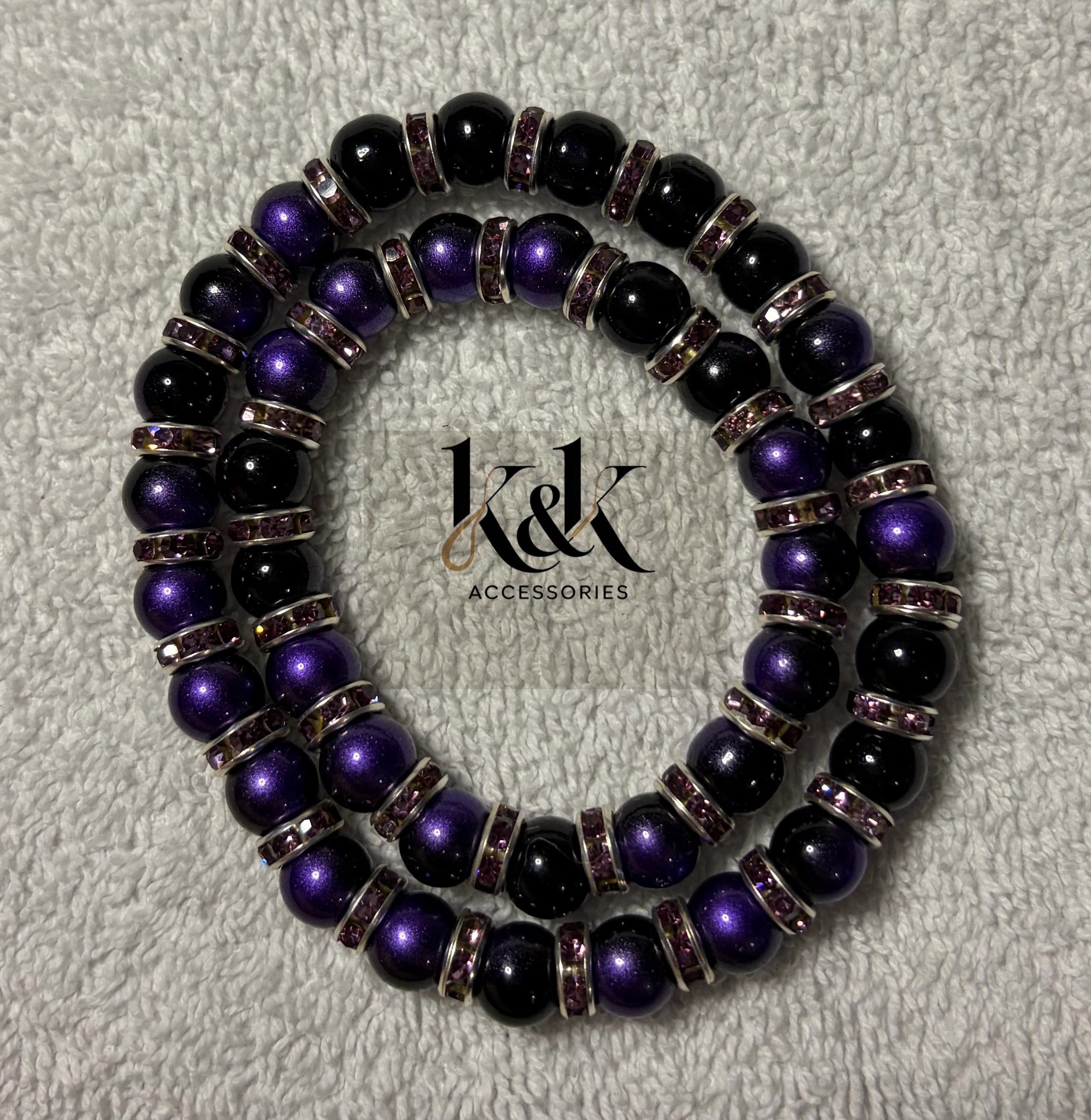 Purple & Black Bracelet with Rhinestone Spacers - Elastic Beaded Jewellery