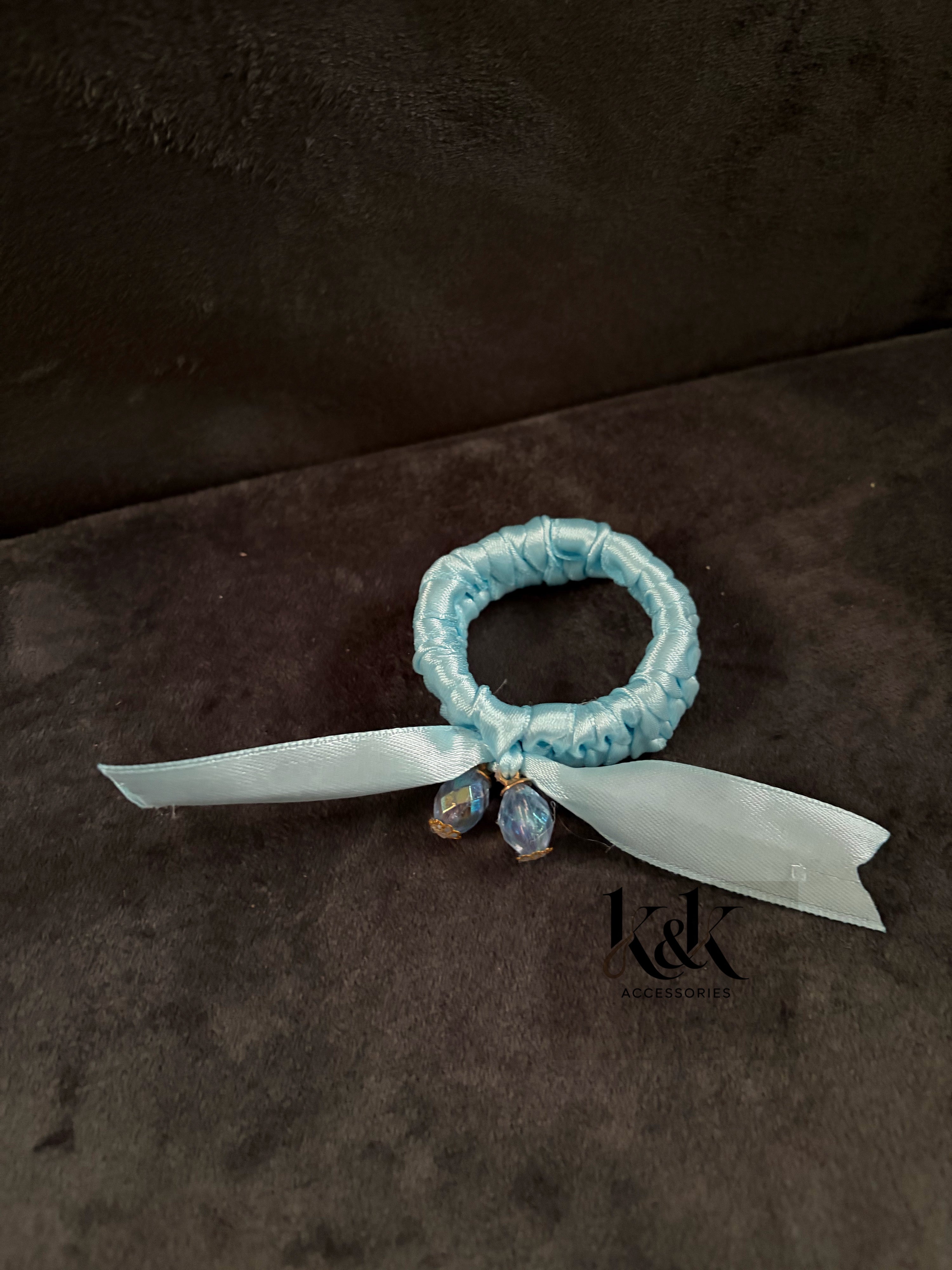 Handmade satin ribbon hairband with beaded detail - Baby Blue