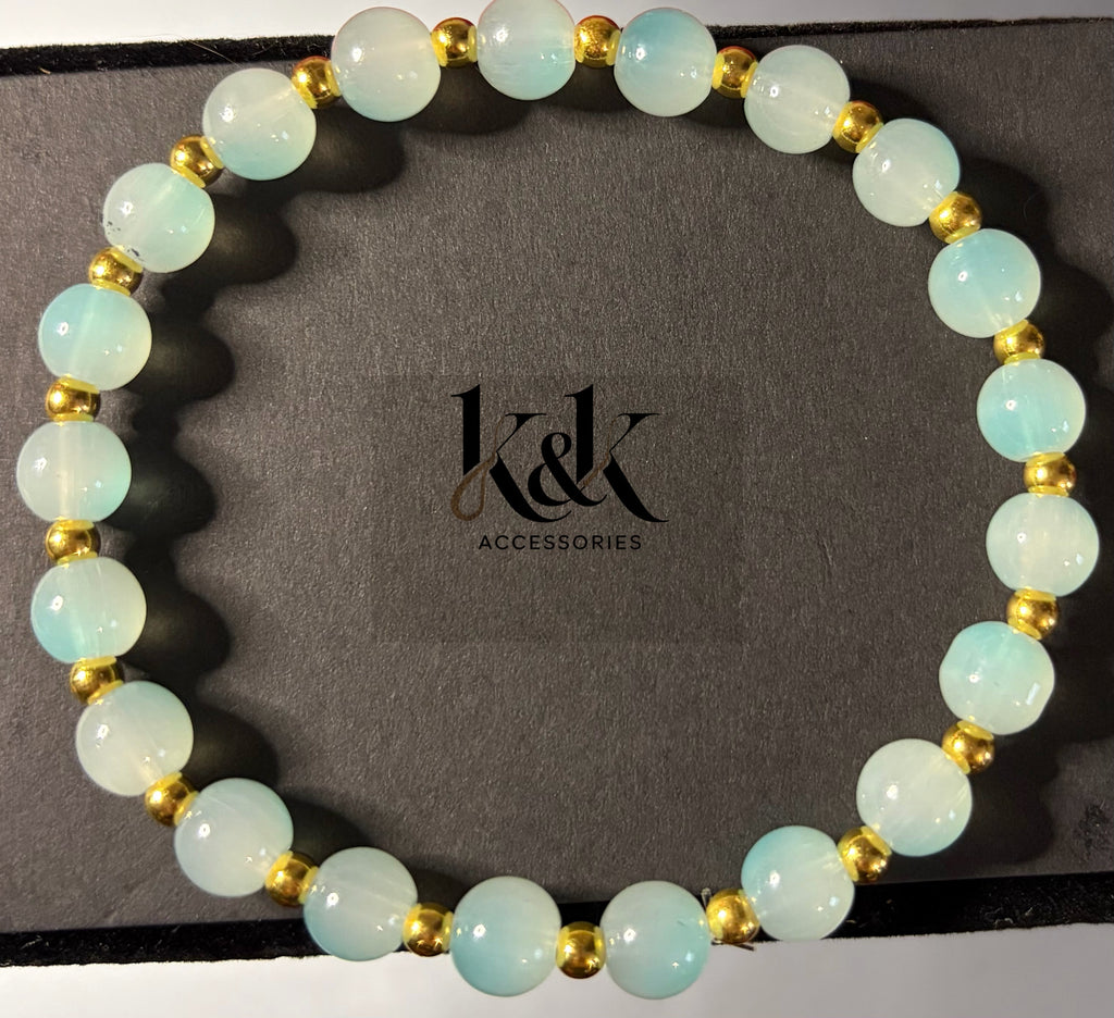 Aqua Jade Bracelet with Gold Spacers - Natural Gemstone Jewellery