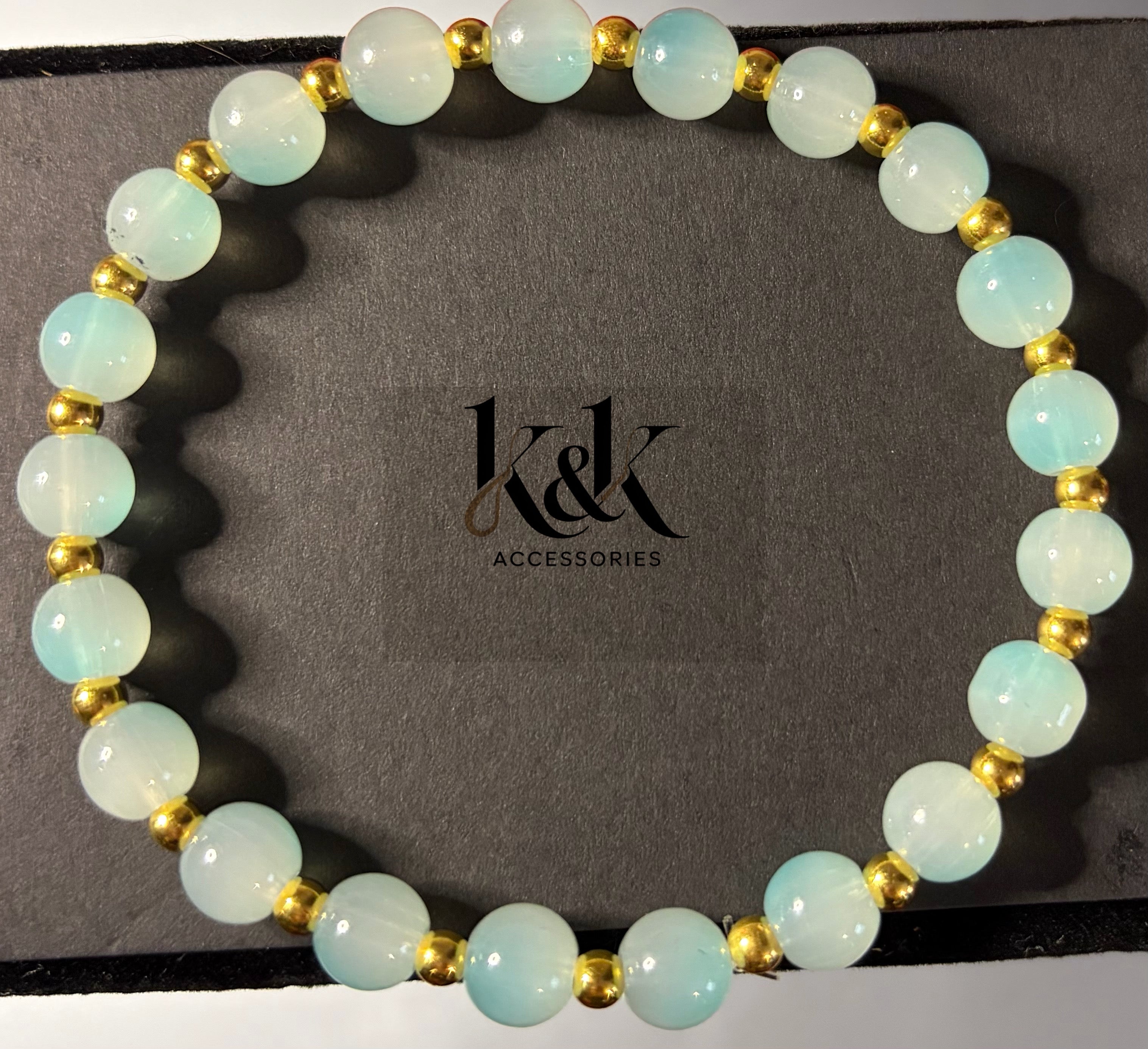 Aqua Jade Bracelet with Gold Spacers - Natural Gemstone Jewellery