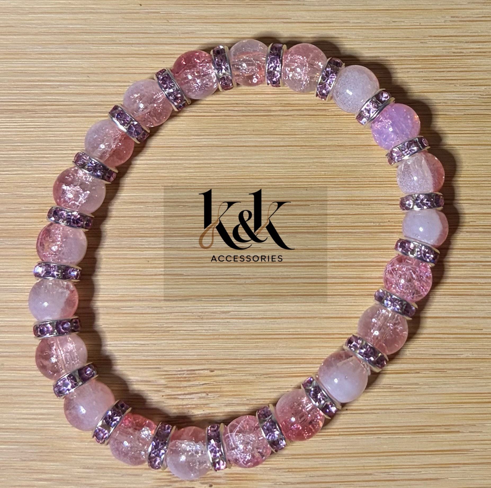 Light Pink Crackle Glass Bracelet with Pink Rhinestone Spacers