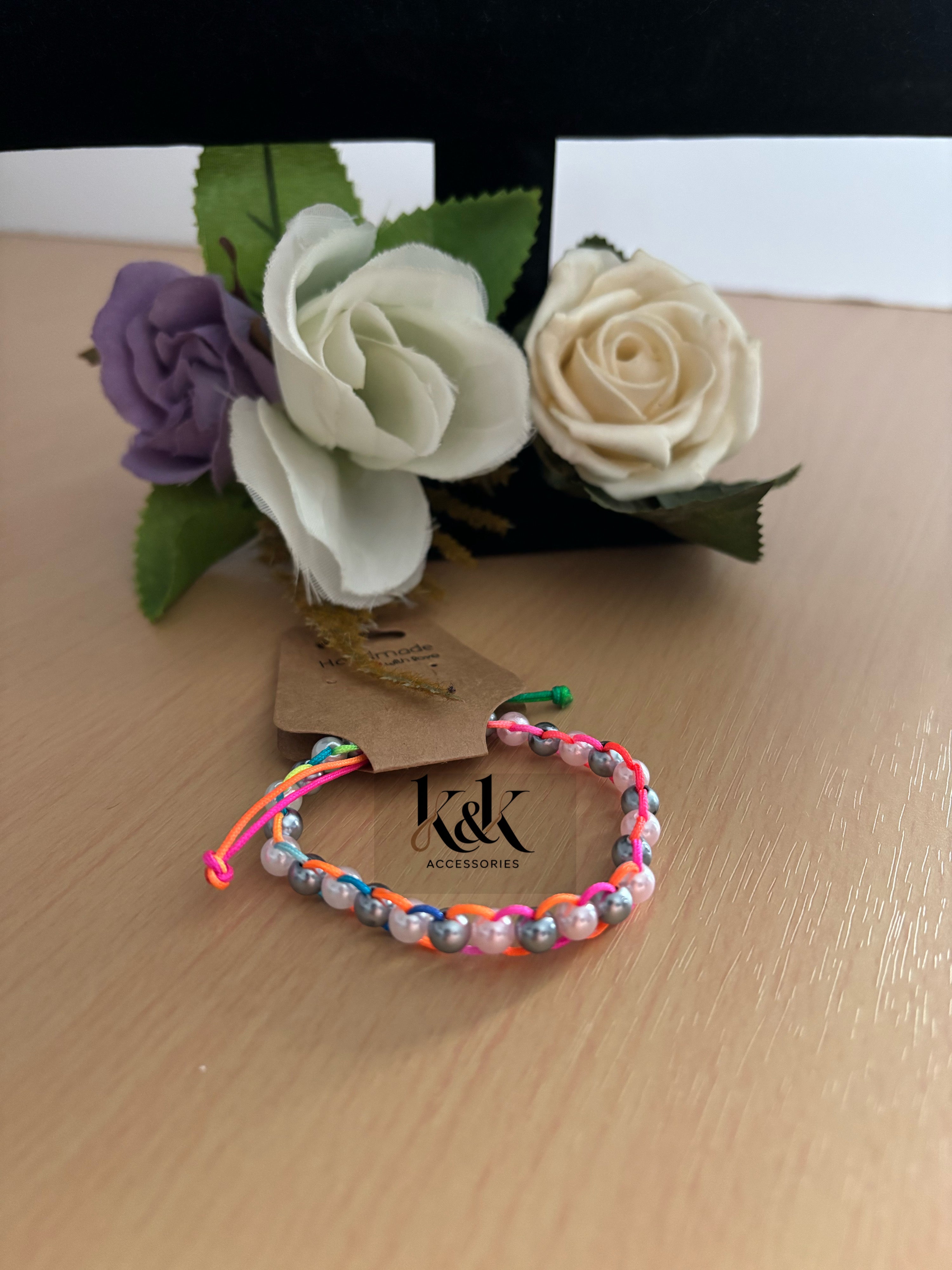 White & Silver Pearl Beaded Neon Rainbow Bracelet