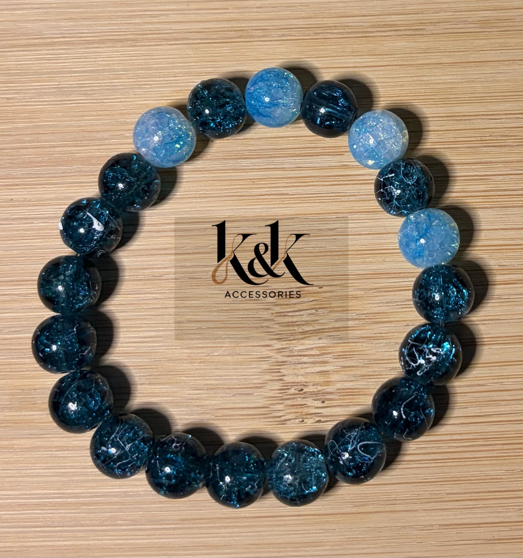 Teal & Clear Crackle Glass Bracelet