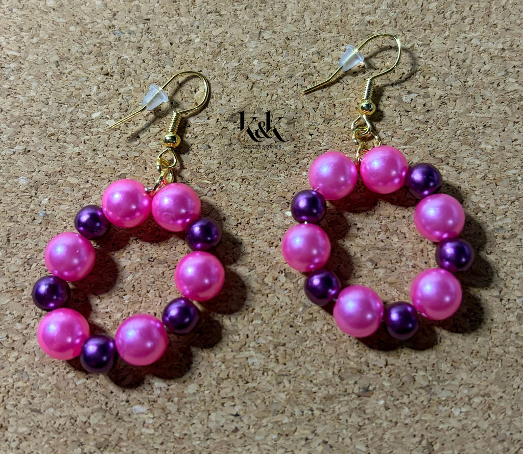 Pink and Purple Beaded Hoop Earrings