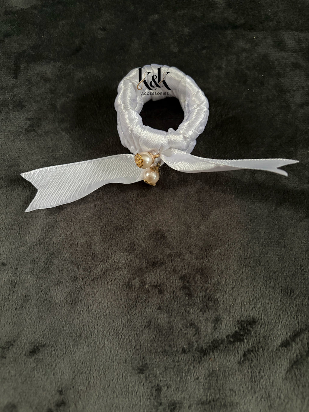 Handmade satin ribbon hairband with pearl beaded detail - White