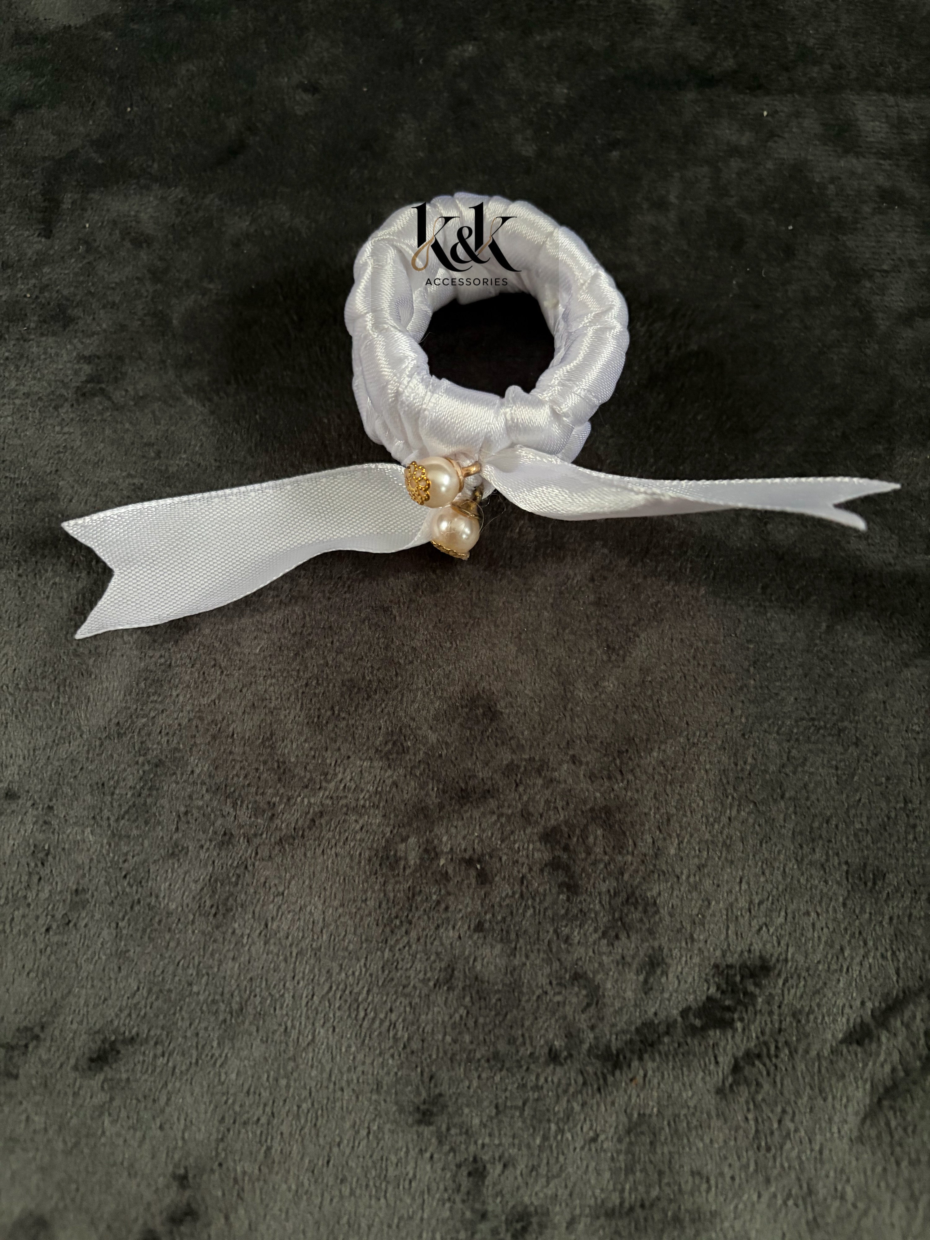 Handmade satin ribbon hairband with pearl beaded detail - White