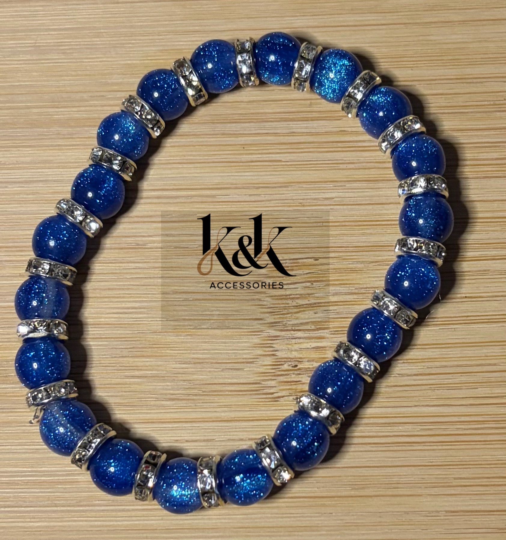 Blue Sparkle Bracelet with Clear Crystal Rhinestone Spacers