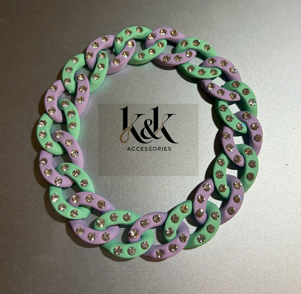 Mint Green & Lavender Rhinestone Chain Link Bracelet - Adjustable Pastel Jewellery