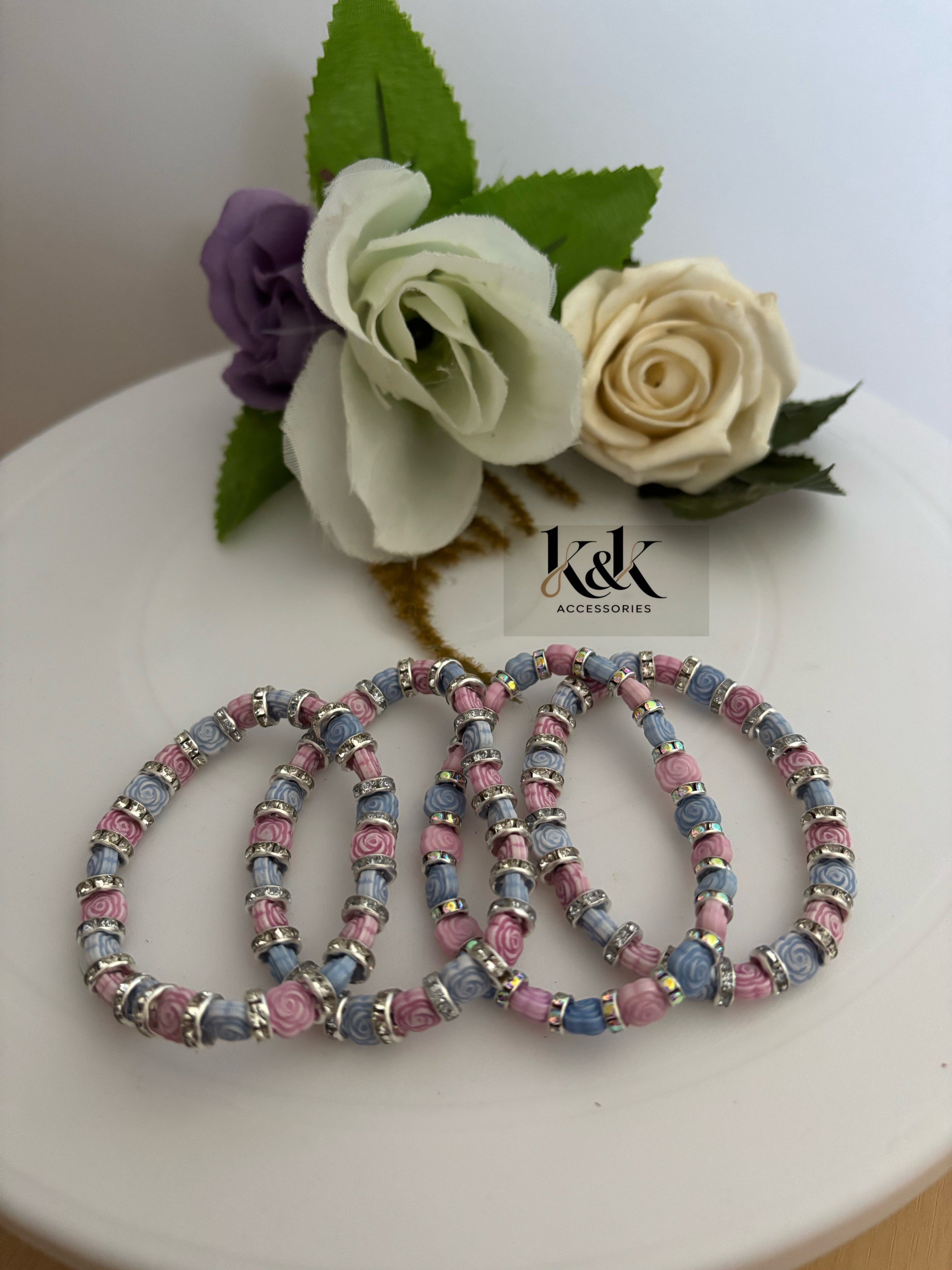Rose Bead & Silver Rhinestone Bracelet