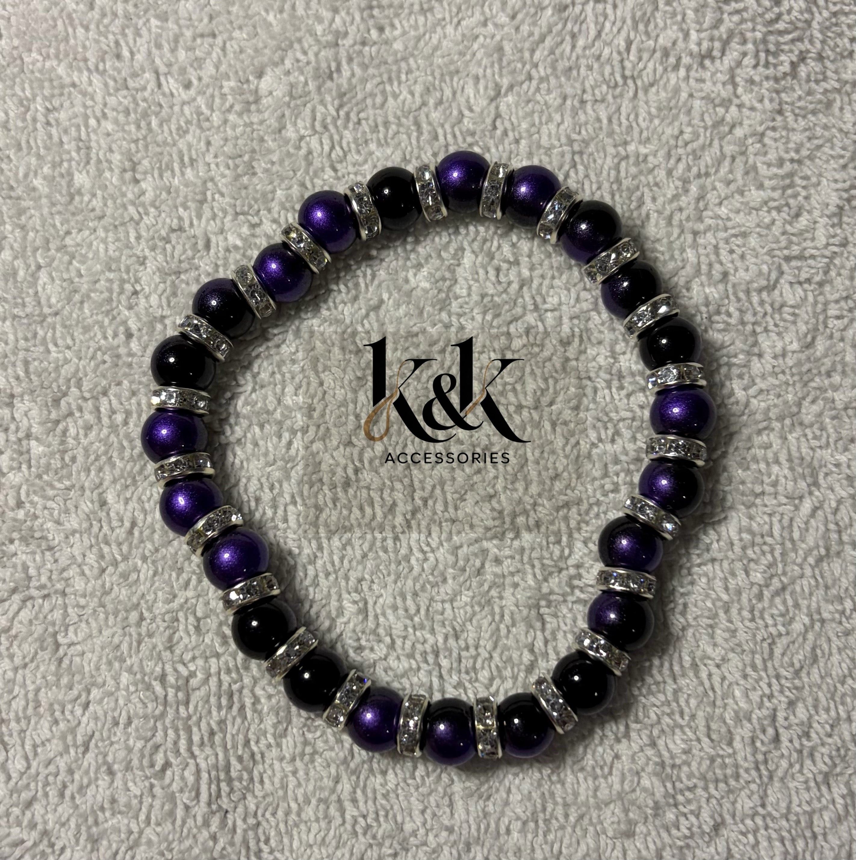 Purple & Black Bracelet with Rhinestone Spacers - Elastic Beaded Jewellery