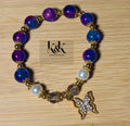 Blue & Purple Crackle Glass Bracelet with White Pearls and Gold Starfish Charm