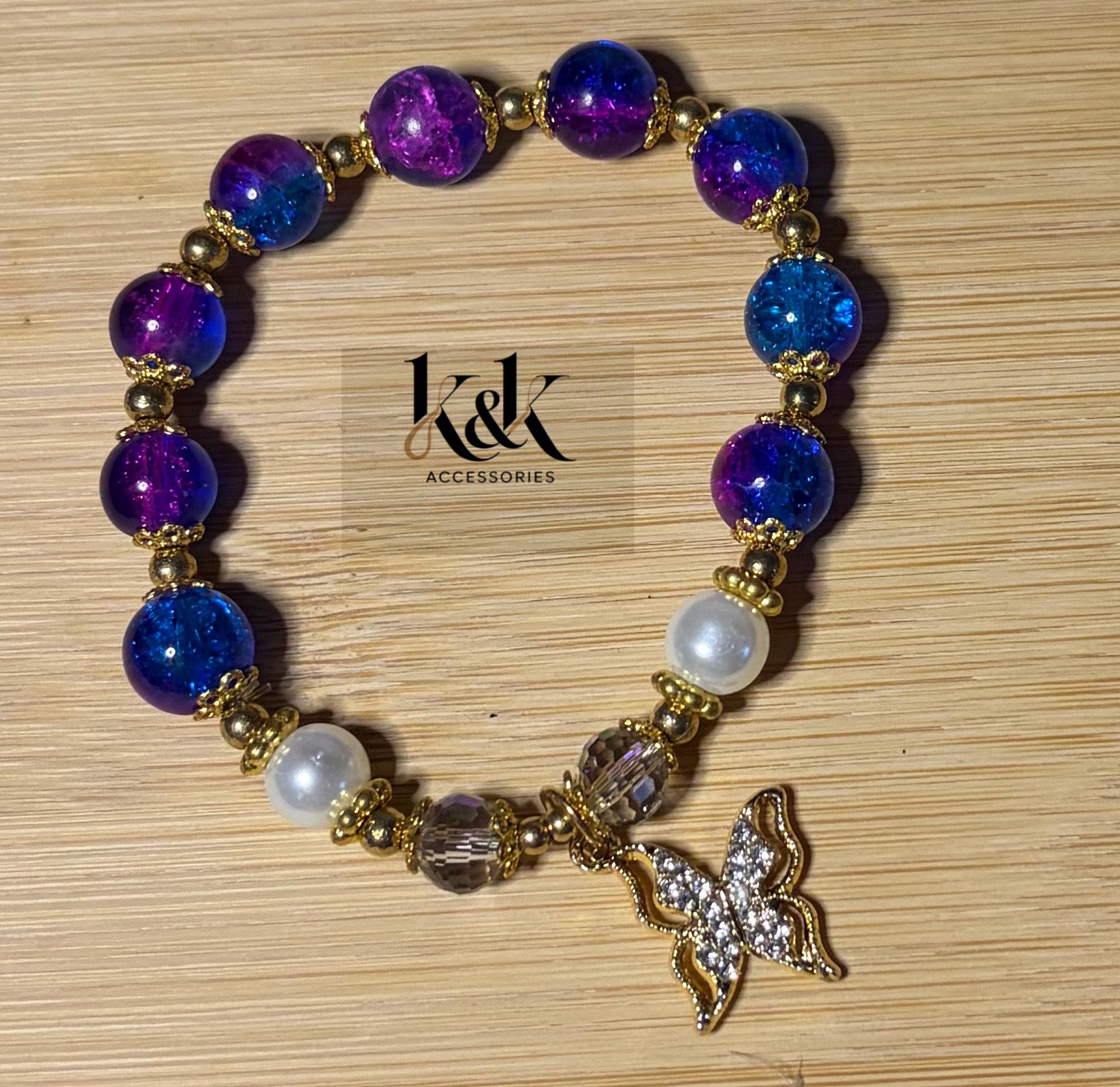 Blue & Purple Crackle Glass Bracelet with White Pearls and Gold Starfish Charm