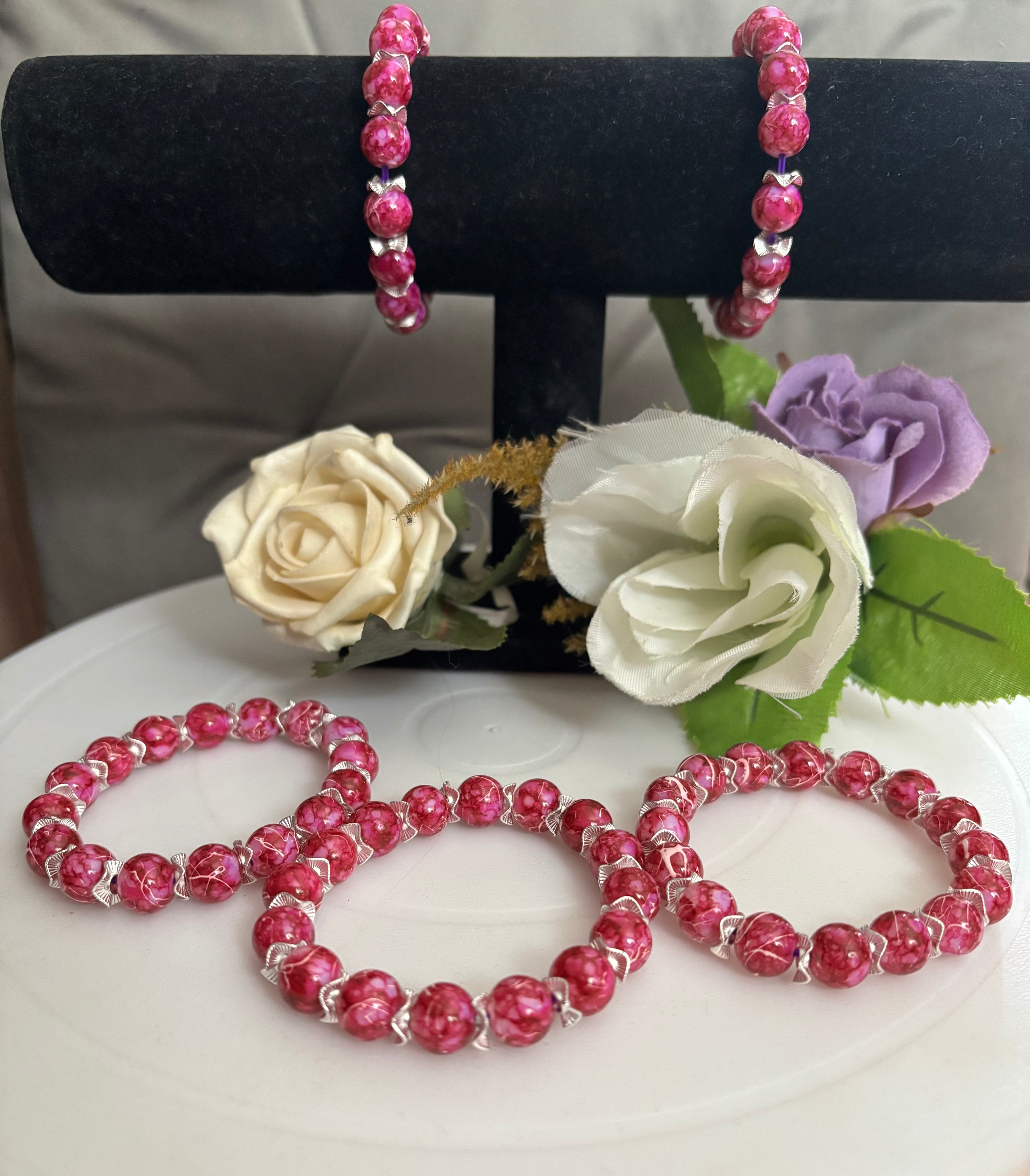Pink Marble Bead Bracelet with Silver Wavy Spacers