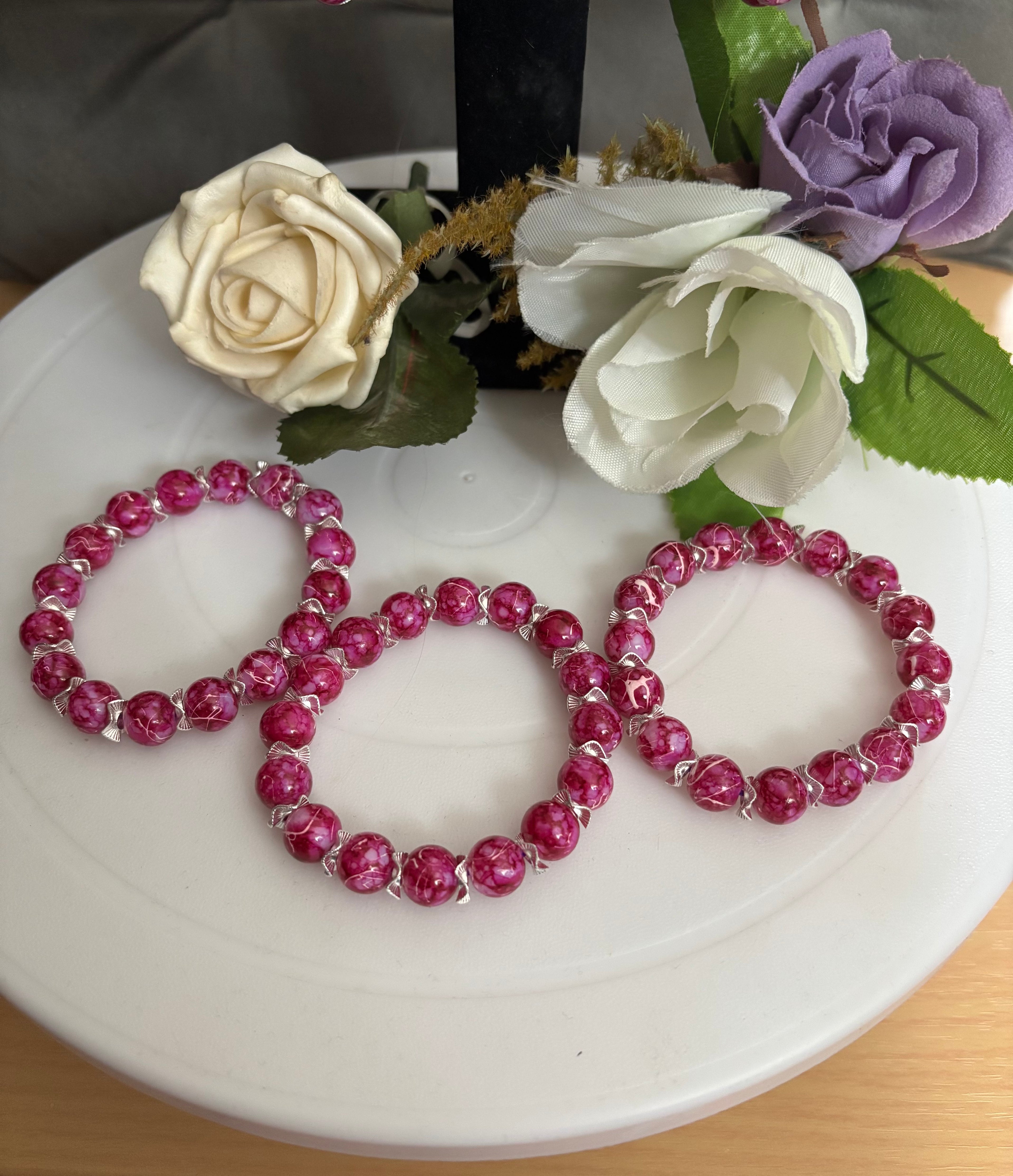 Pink Marble Bead Bracelet with Silver Wavy Spacers