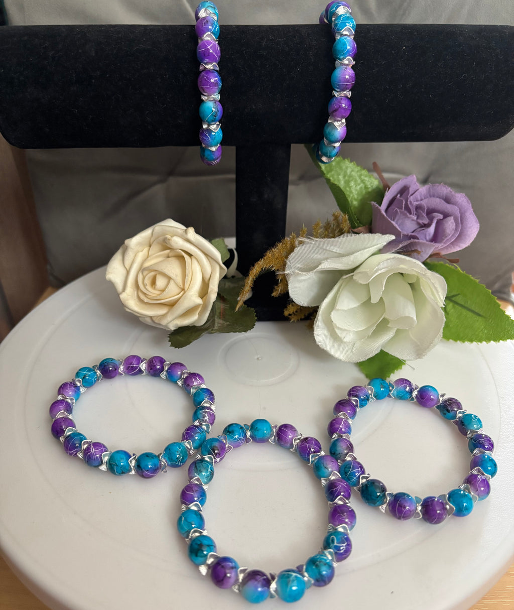 Blue, Purple & White Marble Bead Bracelet with Silver Wavy Spacers