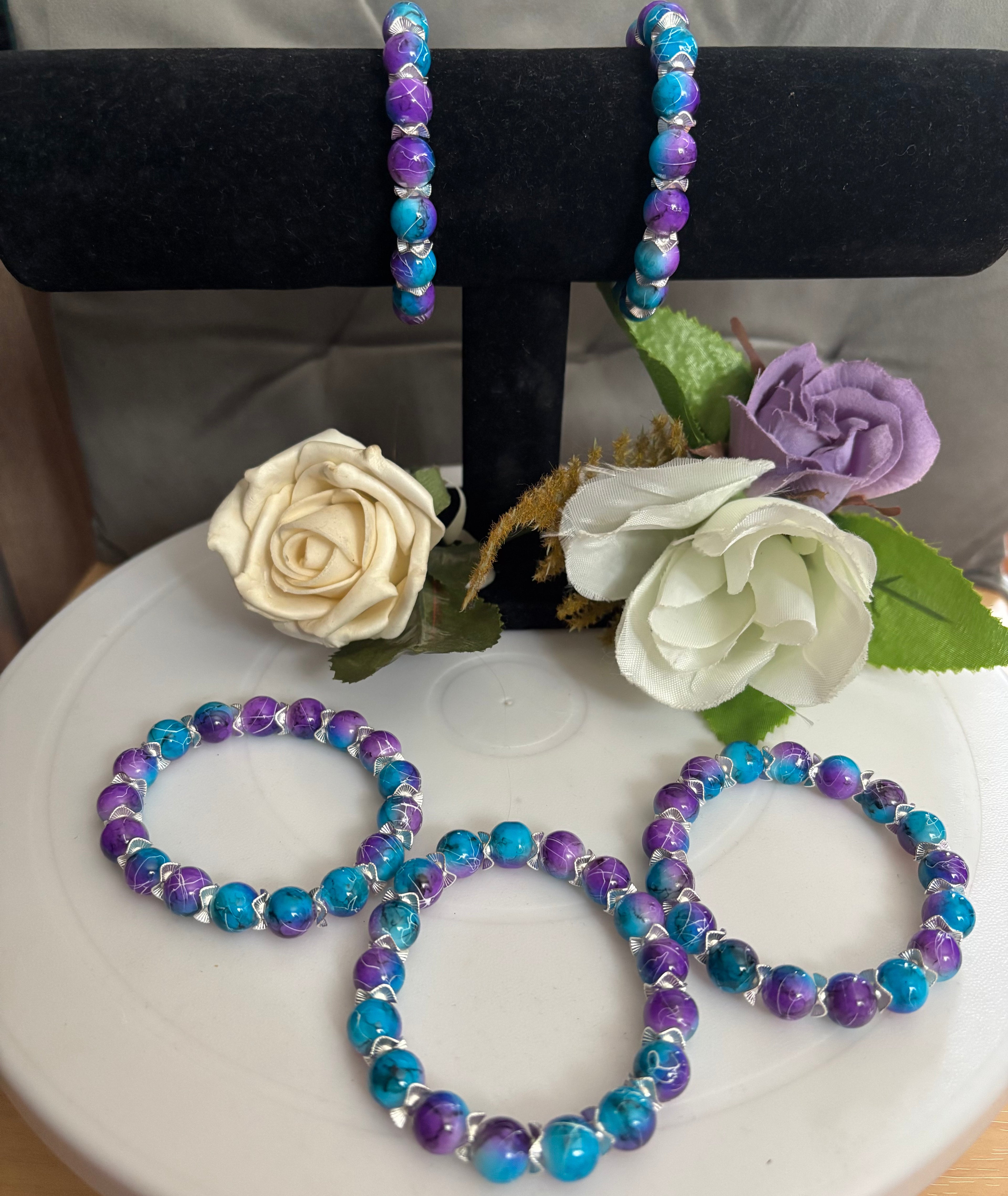 Blue, Purple & White Marble Bead Bracelet with Silver Wavy Spacers