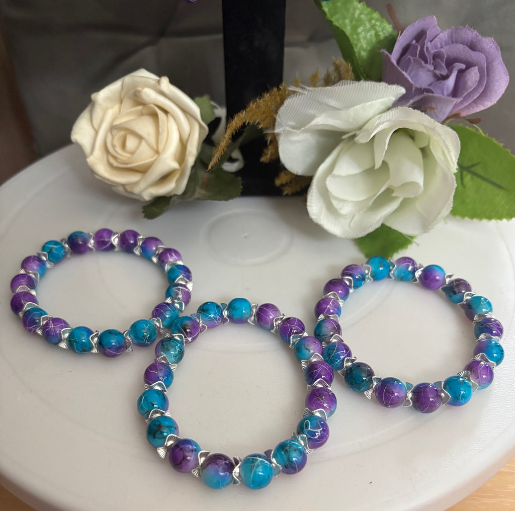 Blue, Purple & White Marble Bead Bracelet with Silver Wavy Spacers
