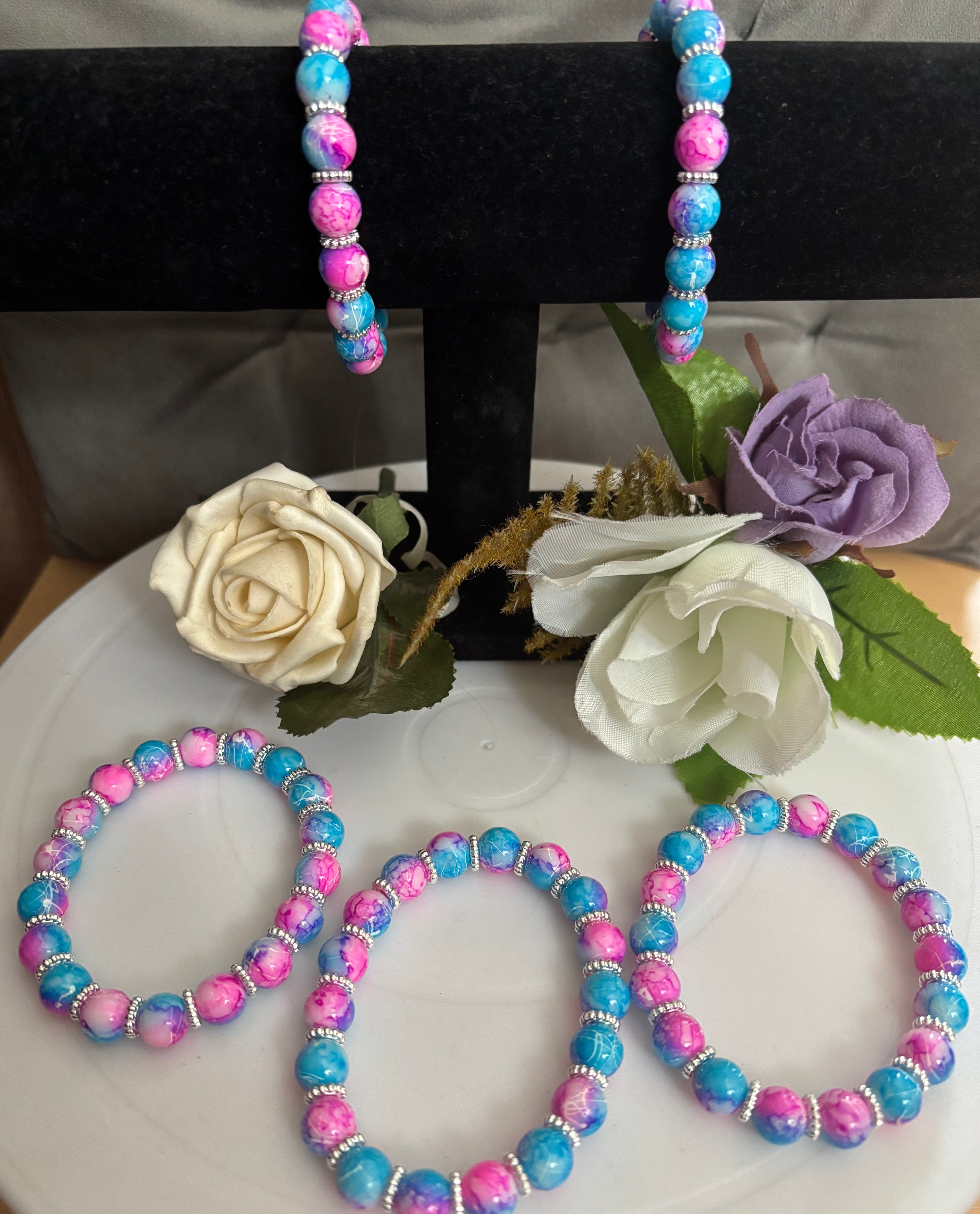 Pink, Blue & White Marble Bead Bracelet with Silver Rondelle Spacers